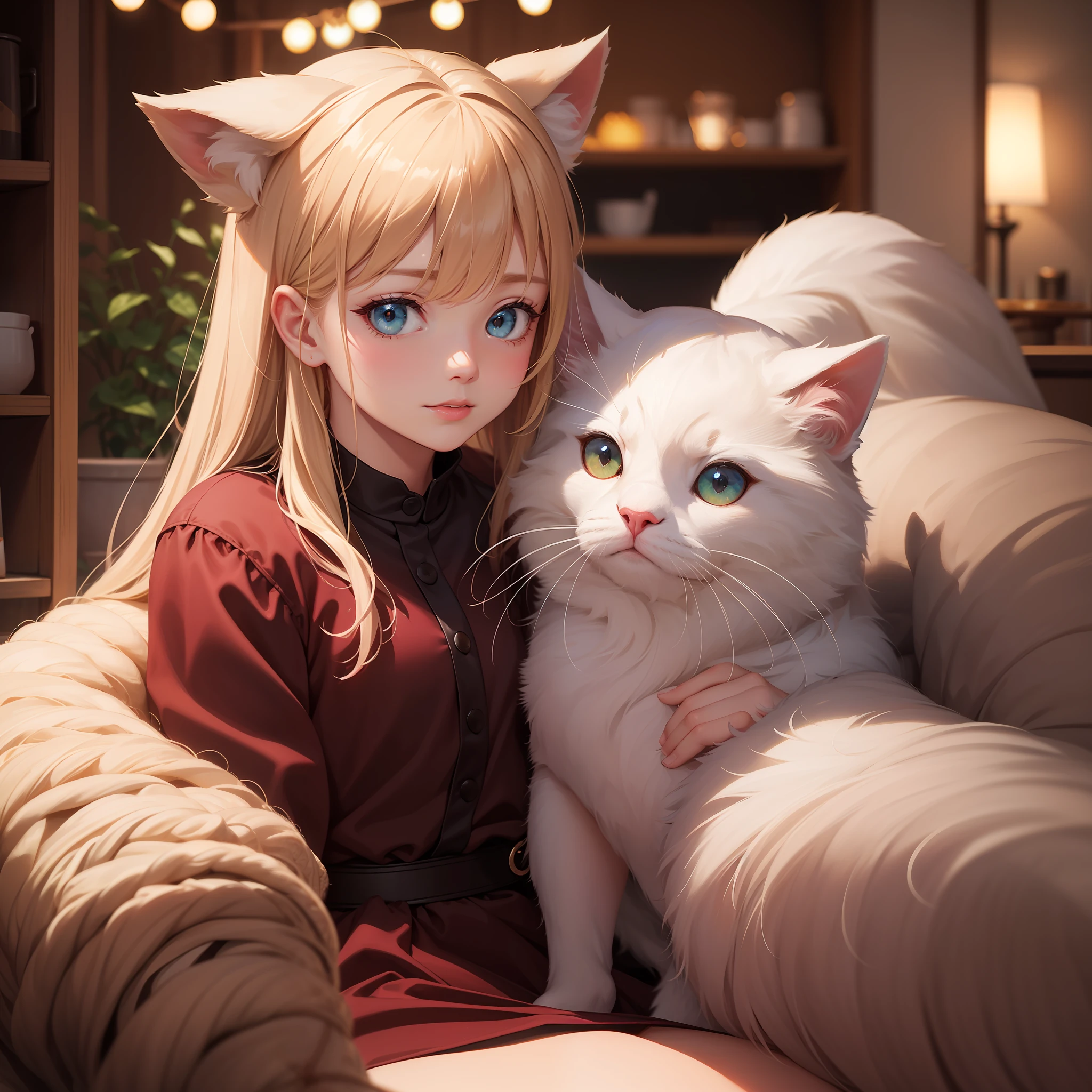 Portrait of the_sweetest_cutest_photo-realistic_full image_small_kiten_with_thick_fluffy_fur!! The adorably_cute_kitan has beautifully_detailed_polychromatic_red_and_white_fluffy_soft_fur!! Adorable_dark_reflective_eyes_with_catchlights!! with a quite fluffy tell!! Textures and detail!! flowers!! cottage_core!! detailed_fine_immpressionist_oil_painting by Aanup shinde-Griffith : Anup insanely high-quality || 16k resolution || photorealistic!! bokeh || depth warm tones