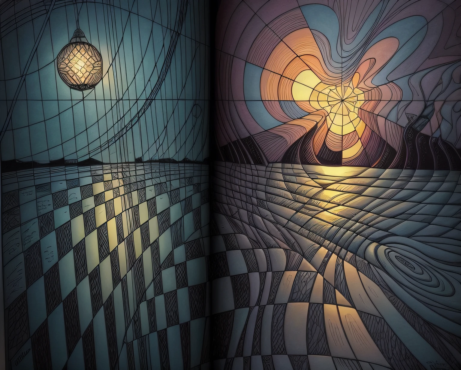 colorized seascape at night, lighthouse, in the style of graphic novel inspired illustrations, intricate landscapes