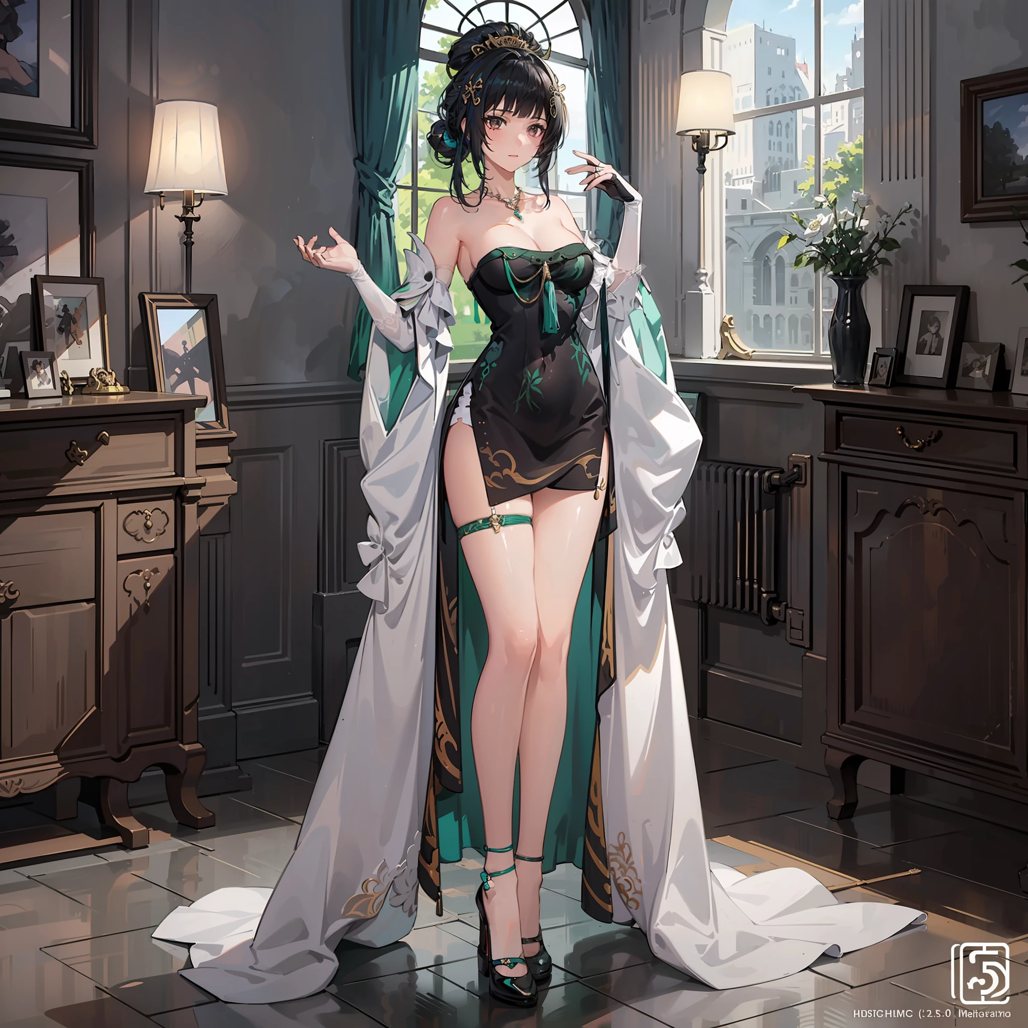 Full body drawing, (masterpiece), (best quality), (hyperdetail), (illustration))), ((extremely delicate and beautiful)), (detailed light), (1 girl: 1.5), (solo: 1.2), (prefect's body), full body drawing, wedding