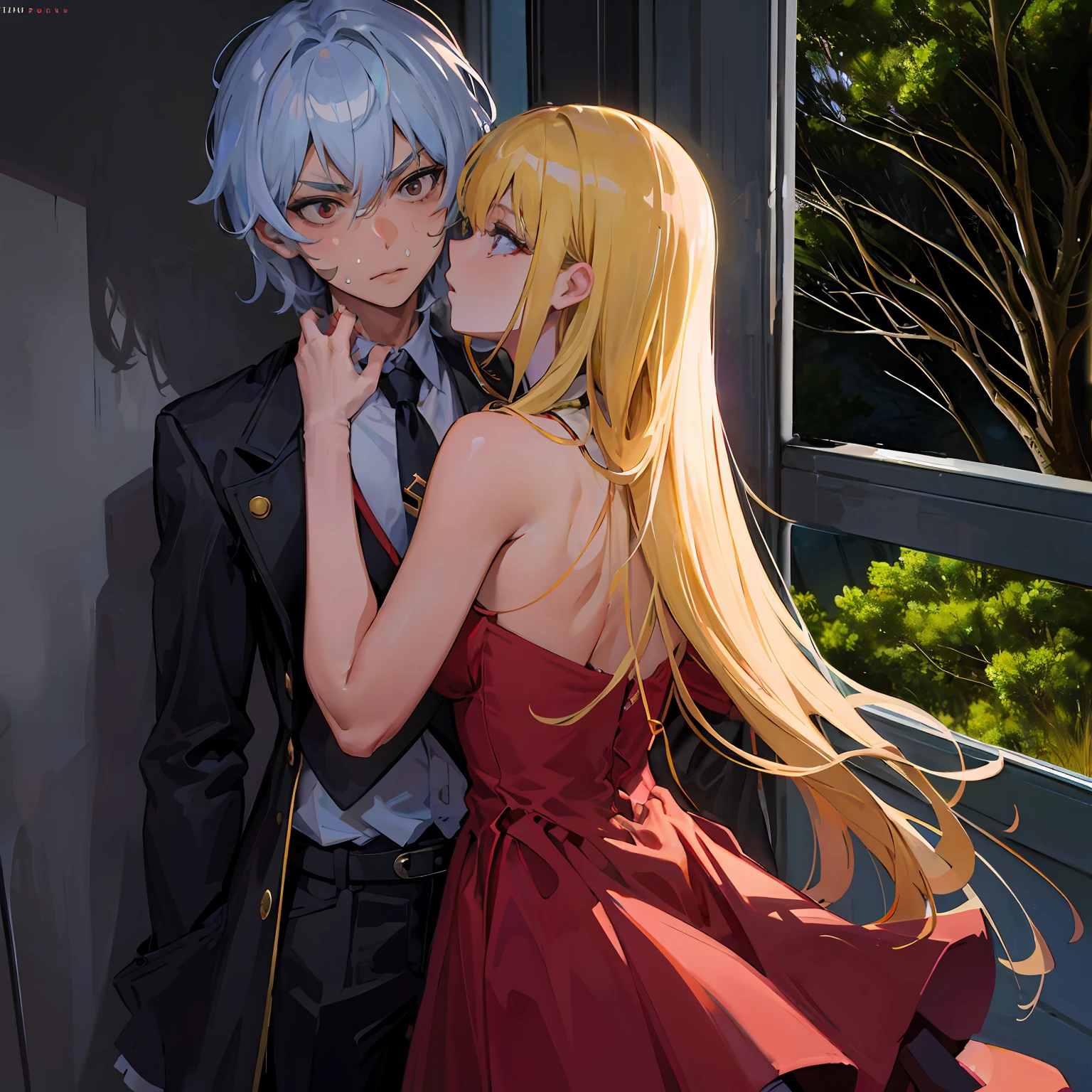 anime couple in red dress kissing in front of window, kissing together cutely, rimuru and milim, painted in anime painter studio, zerochan art, 2 d art, 2d art, high quality fanart, trending on artstation pixiv, anime style 4 k, made with anime painter studio, loli in dress, official fanart, key anime art