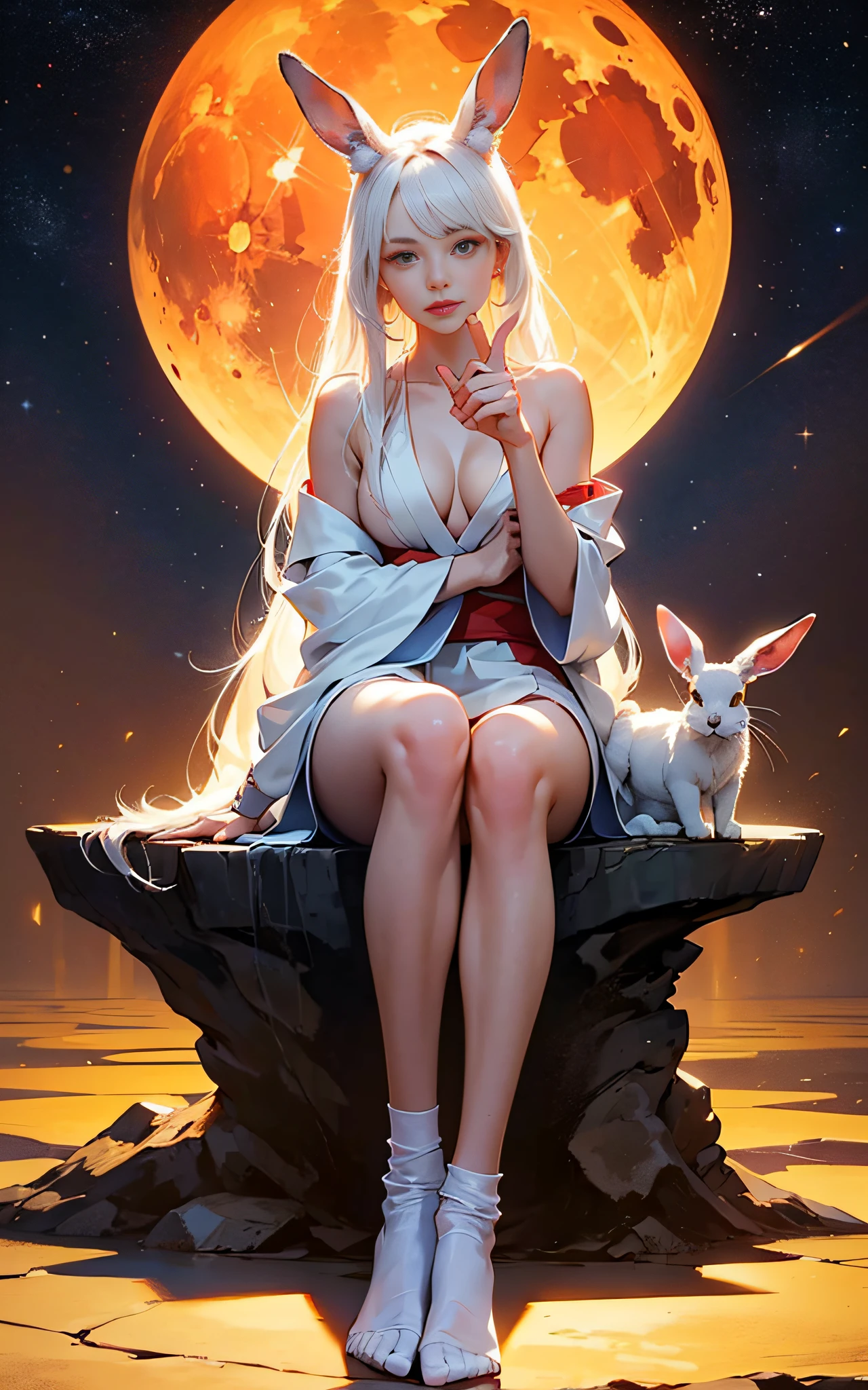 Best image quality, MasterPiece, ultra-high resolution, (accuracy: 1.4), Very beautiful girl, long straight hair, white hair with bangs, dressed in an unbuttoned kimono, white socks, short socks, naked big breasts, naked, sitting in the lotus position, hands pointing to the sides, tattoo all over the body, reciting mantras, against the background of the night starry sky there is a big fluffy hare, red moon. detailed eyes and face, naked body,, nfsw, beautiful detailed eyes, halo around the head, dull, dark, membranous, 1.5), (erotic clothing: 1.4), bare shoulders.