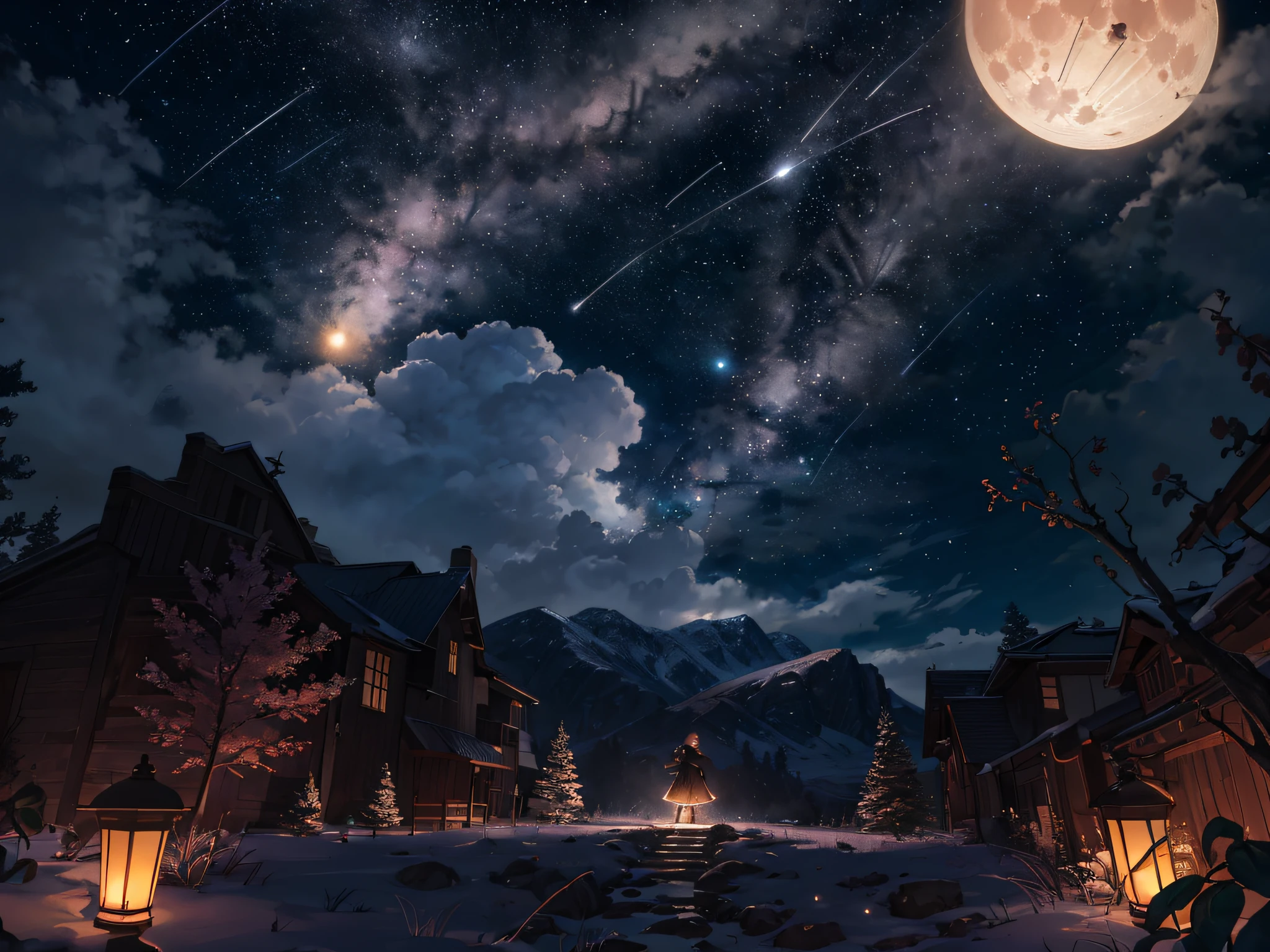 Expansive landscape photograph, (view from below with a view of the sky and wilderness below), girl standing in a flower field looking up, (full moon: 1.2), (shooting star: 0.9), (nebula: 1.3), distant mountain, tree break production art, (warm light source: 1.2), (firefly: 1.2), lamp, purple and orange, intricate detail, volume lighting, realism break (masterpiece: 1.2) (Best Quality), 4K, Ultra-Detailed, (Dynamic Configuration: 1.4), Highly Detailed and Colorful Details, (Iridescent Colors: 1.2), (Glowing Lighting, Atmospheric Lighting), Dreamy, Magical, (Solo: 1.2)