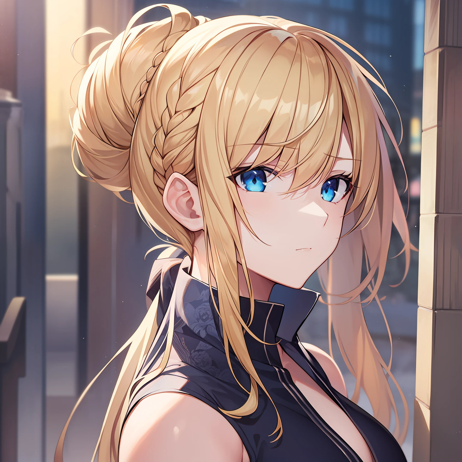 (Masterpiece) 8K resolution, top quality, dignified beautiful single woman, cold expression, blonde, braided horizontally, upstyle, back bun hair, bangs trimmed and gentle curves, hanging eyes, beautiful blue eyes, model style, anime style