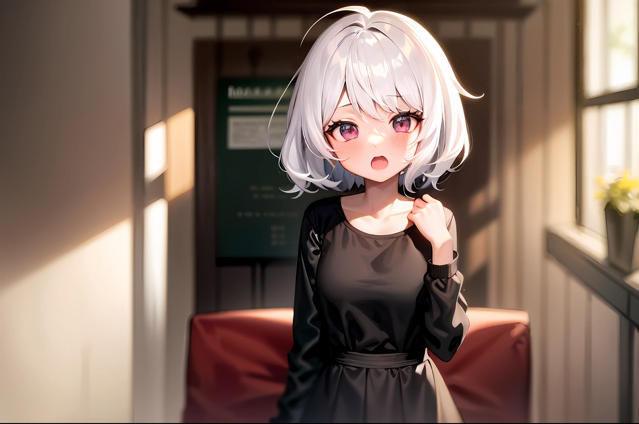 Neferpitou,1 girl, anime,orgasm_face blush,medium_breasts, Short_hair,white hair, extremely detailed background, best quality, very detailed, masterpiece,teen