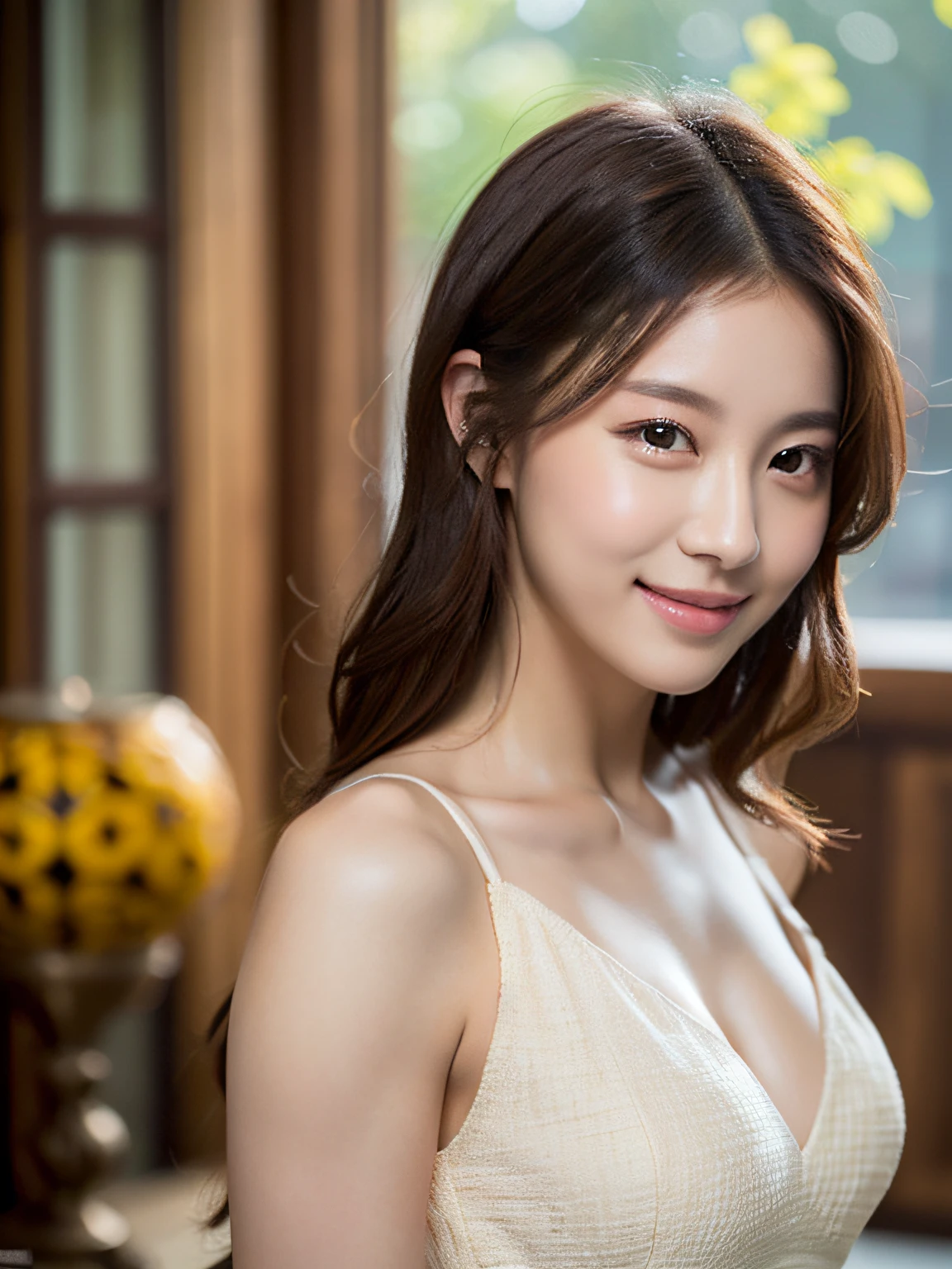 ((Best Quality, 8K, Masterpiece: 1.3)), 1girl, Slim Abs Beauty: 1.3, (Casual hairstyle, No leakage: 1.2), Dress: 1.1, Super fine face, Delicate eyes, Double eyelids, smile, home