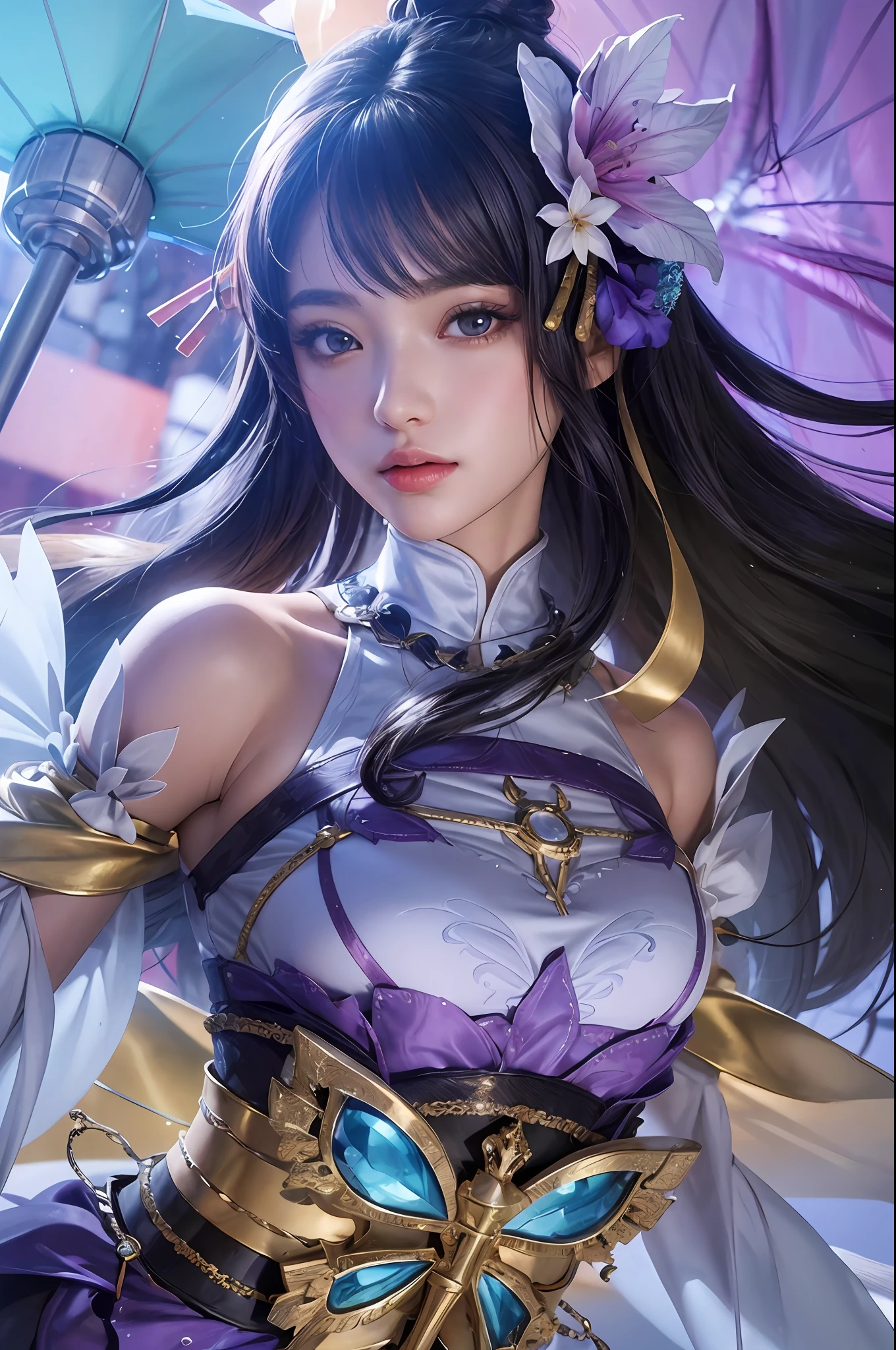 a close up of a woman in a costume holding an umbrella, extremely detailed artgerm, portrait knights of zodiac girl, artgerm. anime illustration, detailed digital anime art, 2. 5 d cgi anime fantasy artwork, artgerm. high detail, ig model | artgerm, smooth anime cg art, beautiful alluring anime woman, beautiful character painting
