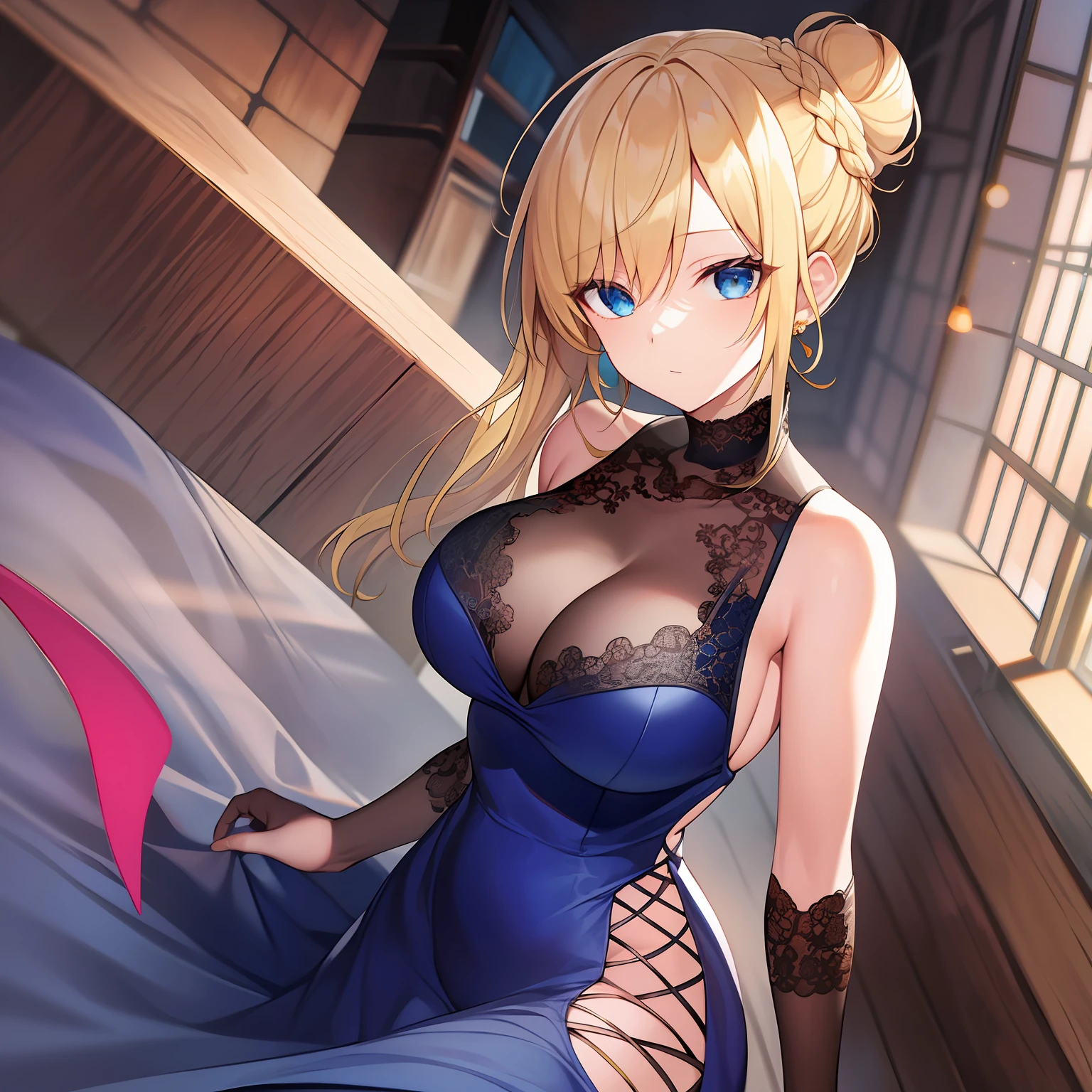 (Masterpiece) 8K resolution, top quality, dignified beautiful single woman, blonde, braided horizontally, upstyled, hair in a bun at the back, bangs trimmed and gentle curves, hanging eyes, beautiful blue eyes, model style, long dress with red lines on black lace, anime style