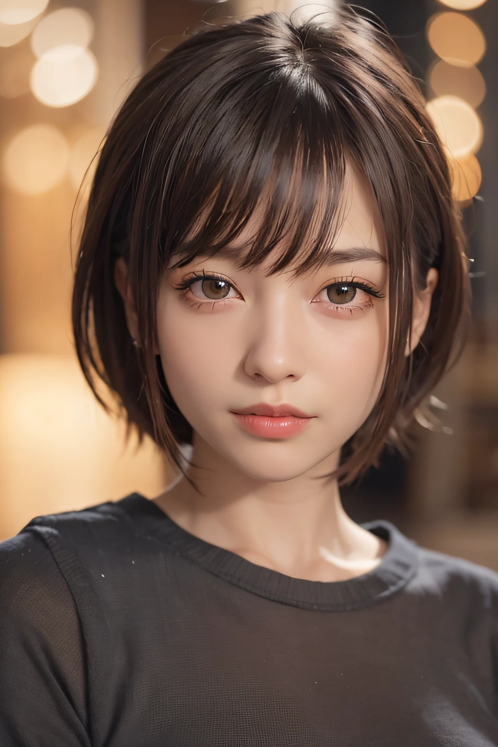 arafed woman with a black shirt and a black top, with short hair, soft portrait shot 8 k, kawaii realistic portrait, high quality portrait, portrait cute-fine-face, short brown hair and large eyes, cute natural anime face, realistic. cheng yi, 8k artgerm bokeh, sakimichan, sakimi chan