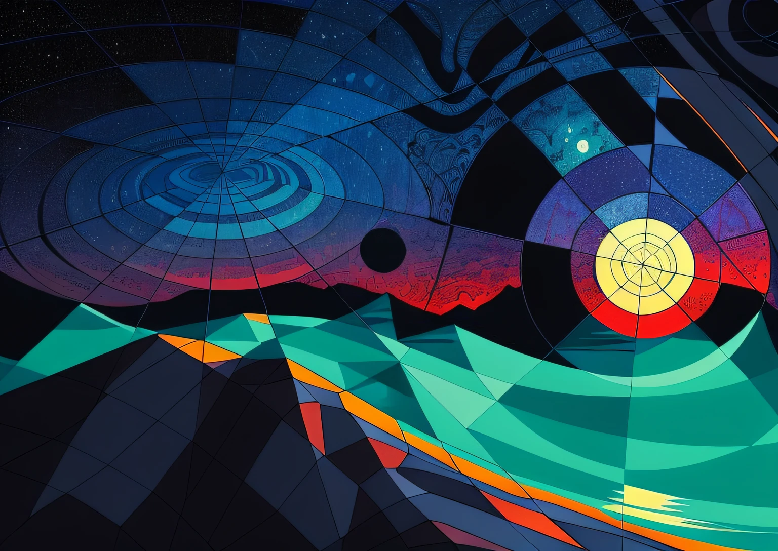 colorized seascape by moon night, in the style of graphic novel inspired illustrations, intricate landscapes