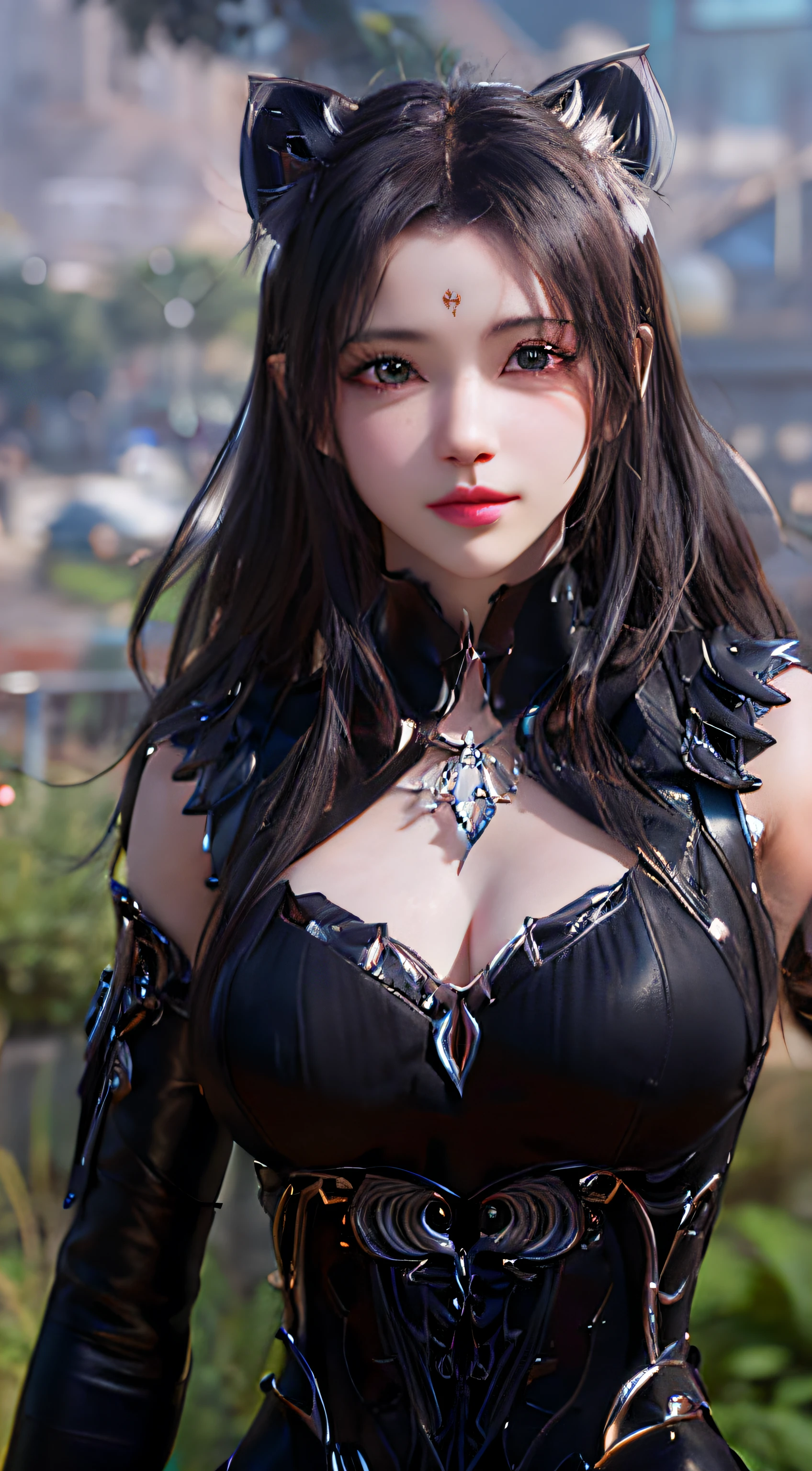 Close-up of a cat-eared woman in a black dress, 8K high quality detail art, 3D rendered character art 8 K, 4K detail fantasy, game CG, Artgerm; 3D Unreal Engine, smooth anime CG art, wearing shiny cuirass, ultra-detailed fantasy characters, 8K art bacterial bokeh, portrait of Tifa Lockhart, ((Need for Beauty)), ((Face Close-up)), ((Perfect Face)), ((Delicate Facial Features)), ((Beautiful Eyes))