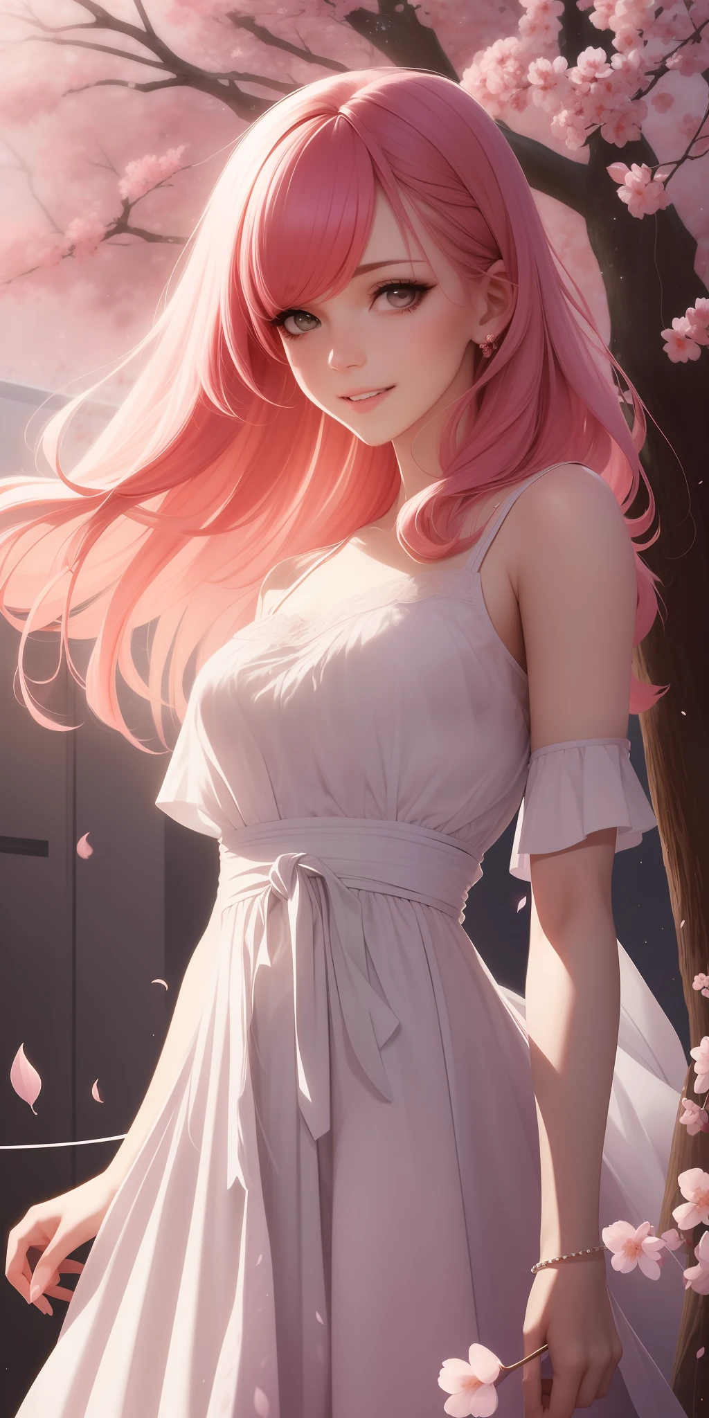 a picture of mse a beautiful woman,the most beautiful girl by agnes cecile, cheerful expression, beautiful pink hair moved by the wind, Sakura leaves in the air, dress moved by the wind,luminous design, pastel colors, ink drops, autumn lights,
