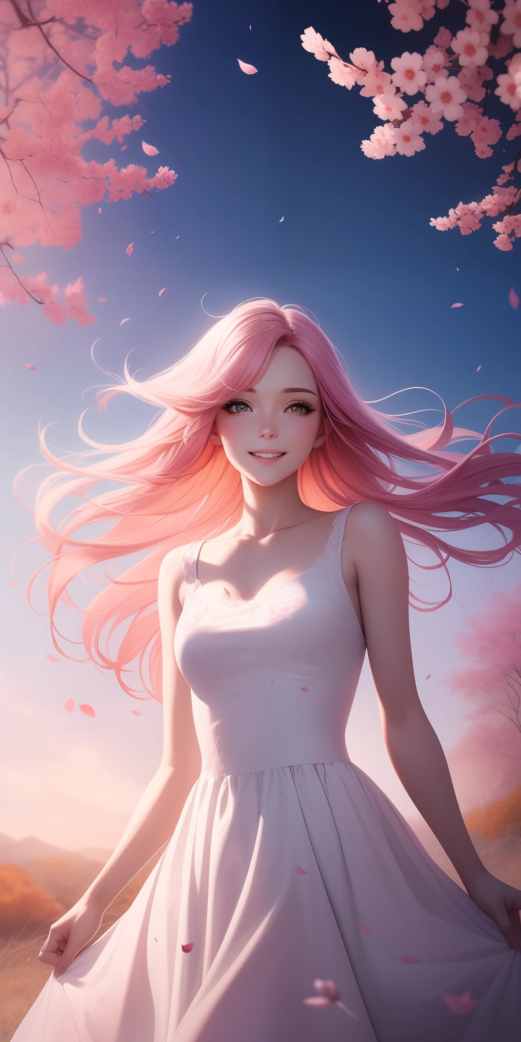 a picture of mse a beautiful woman,the most beautiful girl by agnes cecile, cheerful expression, beautiful pink hair moved by the wind, Sakura leaves in the air, dress moved by the wind,luminous design, pastel colors, ink drops, autumn lights,