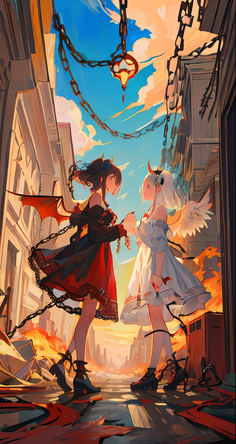 (Highest picture quality),(Master's work),(ultra-detailed),the portrait is centered,(2girls),(from side:1.1),(facing viewer:1.3), outdoors, bare back, close-up, bare shoulders, (baroque architecture background), chain, cloud, (angel wings), (torn clothes), (lace), mad, crazy, magic circle, hands,white dress, nimbus, (angel and devil), blood, fire