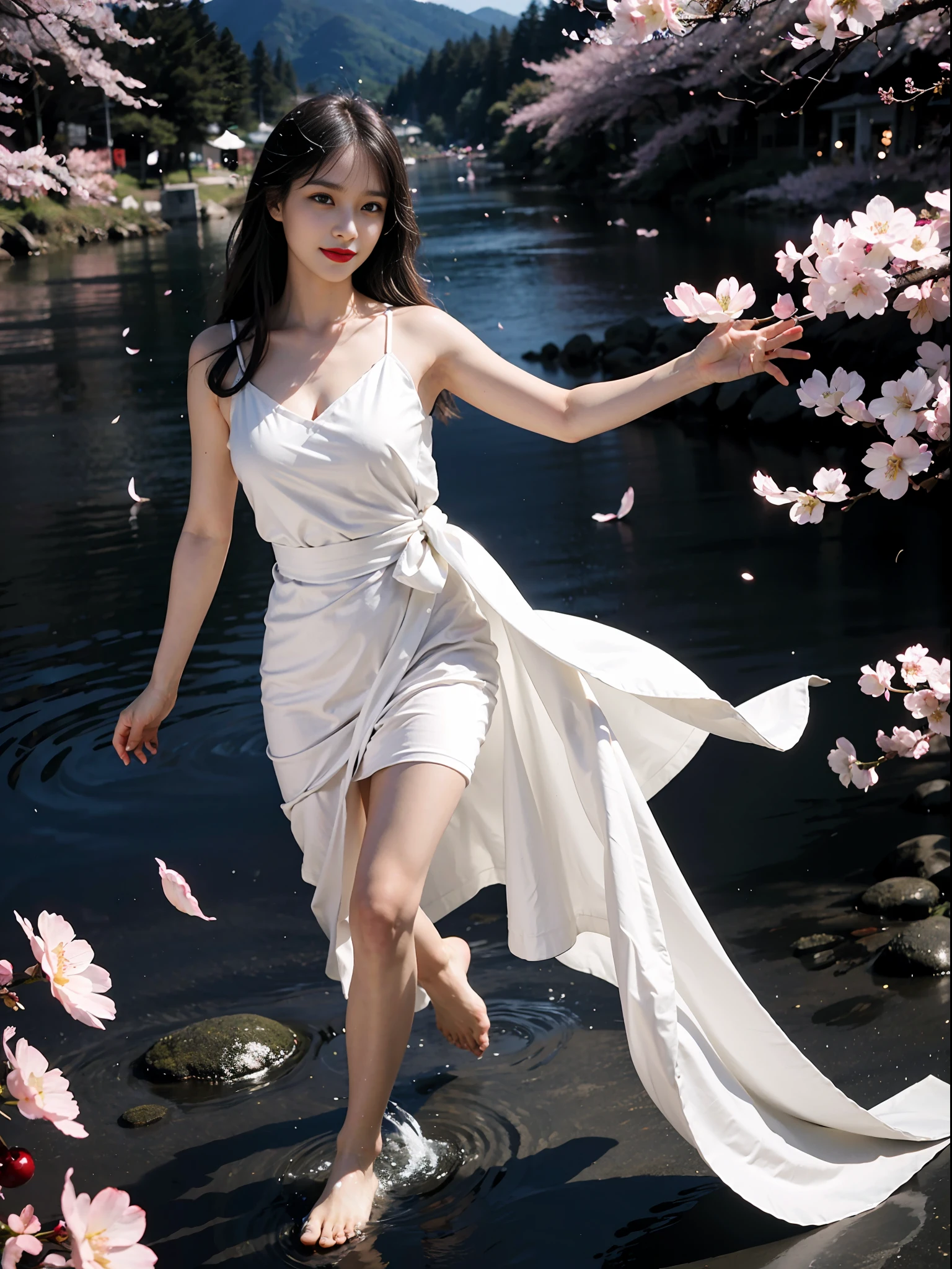 (RAW photo, best quality),(realistic, photo-realistic:1.3),masterpiece,extremely detailed,CG,unity,2k wallpaper,Amazing,finely detail,light smile,extremely detailed CG unity 8k wallpaper,huge filesize,ultra-detailed,highres,absurdres,soft light, 1girl,(circa 18),with ethereal beauty,porcelain skin,exquisite appearance,golden eyes,small mouth,(red lips:1.3),(light smile:1.3),(tear drop:0.7),flowing hair,(hairpin:0.7),(white robes:1.2),(blue sash:0.8),(sleeveless:0.9),(exposed shoulders:1.2),(barefoot:1.1),(floating in air:1.3),(glowing aura:1.4),(suspended petals:1.2),(butterflies:1.1),mountain,(misty:0.9),(waterfall:0.8),(cherry blossom trees:1.3),(flying birds:0.7),(dramatic lighting:1.2),(cinematic composition:1.3),(dreamlike:1.3),(ethereal music:1.4)