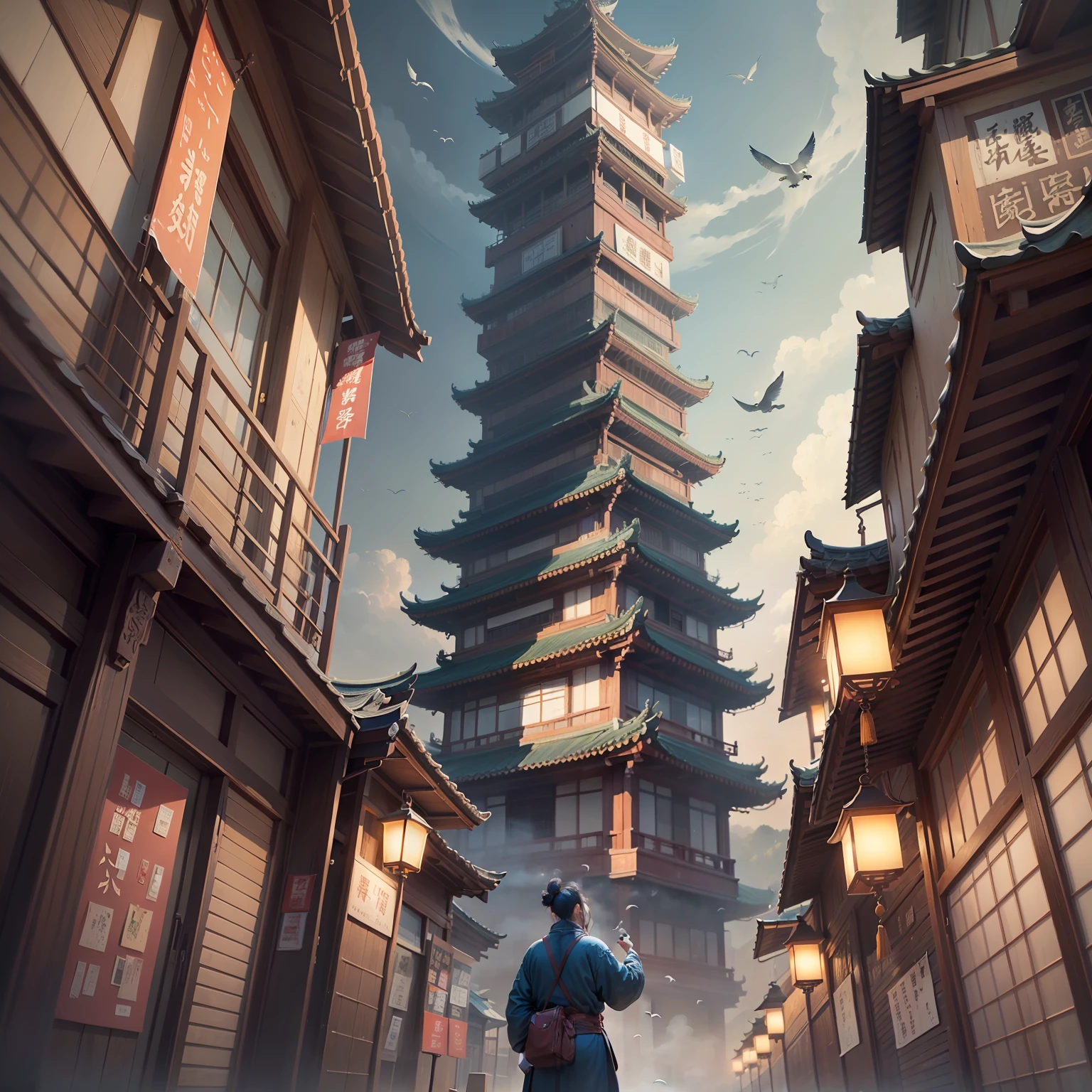There are many birds flying around the pagoda in the sky, (Victo Ngai), by Zou Yigui, by Li Tiefu, Chinese watercolor painting style, Victo ngai. Unreal Engine, Cui Zizhong, ancient Chinese art style, Qu Leilei, inspired by Wei Victor, Cheng Jiasui, HD quality, 14K, indigo atmosphere