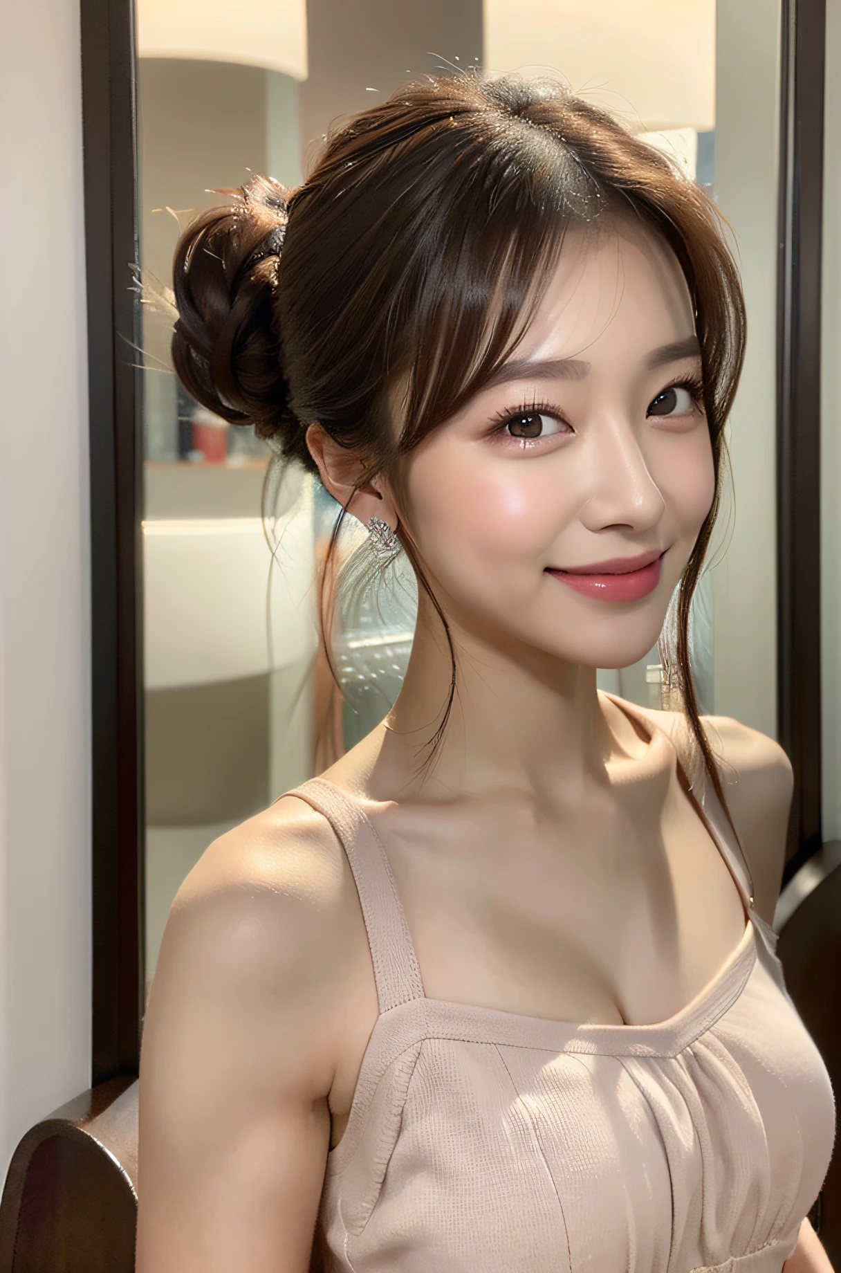 ((Best Quality, 8K, Masterpiece: 1.3)), 1girl, Slim Abs Beauty: 1.3, (Casual hairstyle, No leakage: 1.2), Dress: 1.1, Super fine face, Delicate eyes, Double eyelids, smile, home