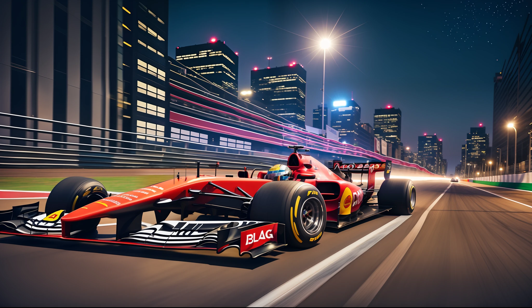 arafed race car driving on a city street at night, formula one car, best on adobe stock, f1 cars blurred in background, vfx powers at night in the city, motor sport photography, race track background, motorsports photography, on a street race track, shutterstock, f 1, formula 1, race car, racecar, high-quality photo --auto --s2