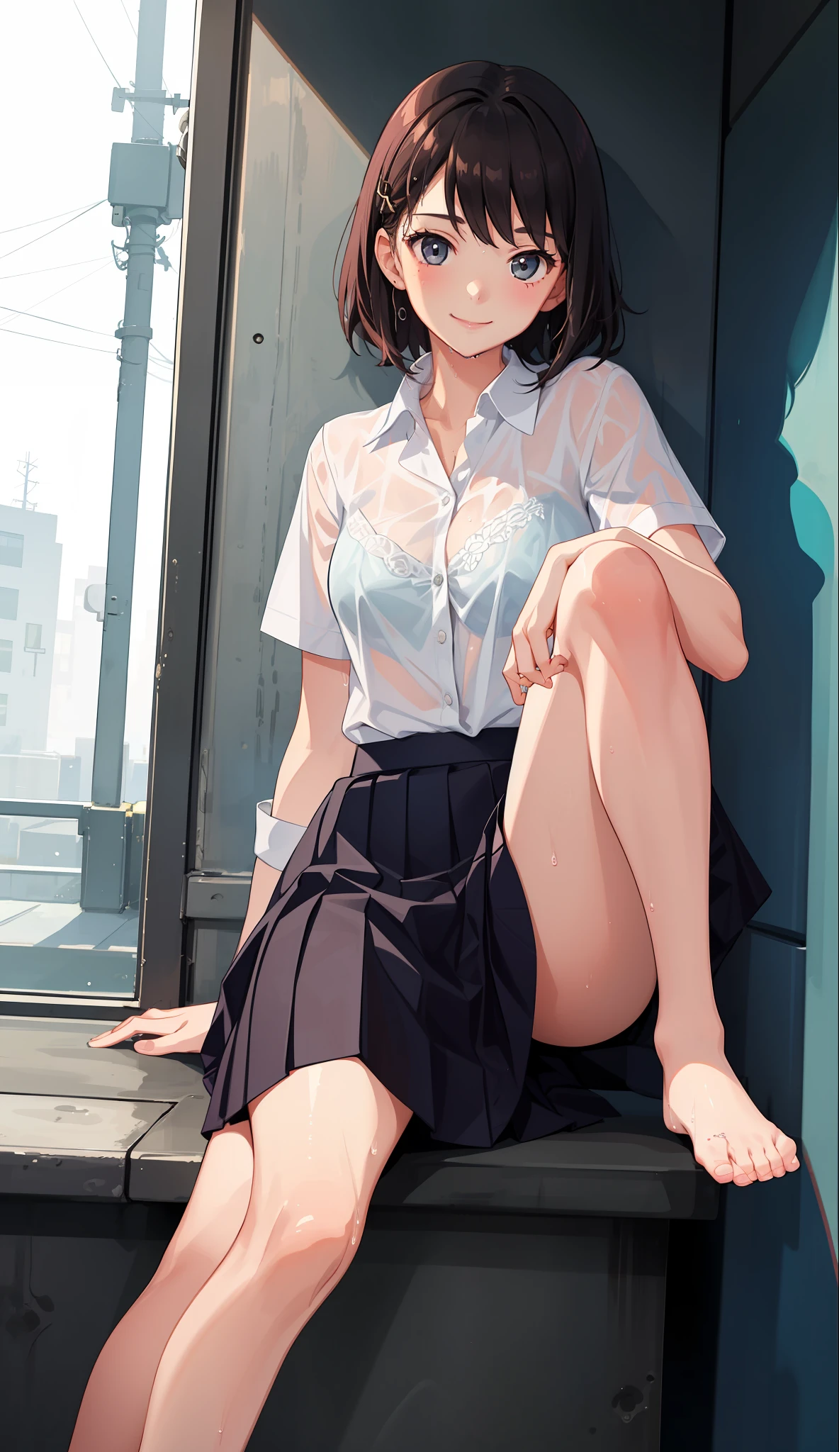 1 girl, smile, shirt, skirt, (small) chiralism, Japan high school school uniform, seravuk, summer clothes, squall-wet uniform, sheer bra, (portrait from knee up),