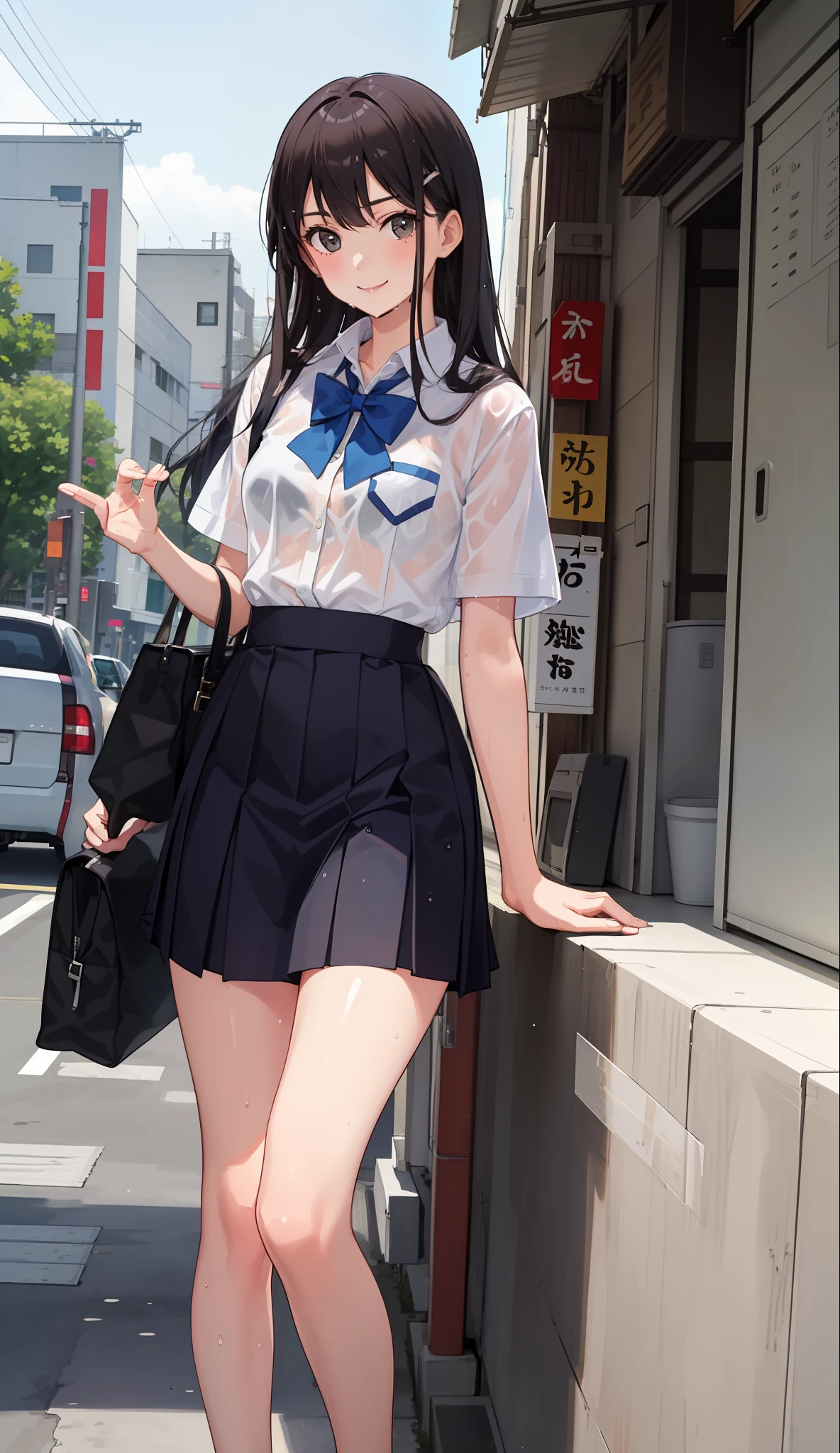 1 girl, smile, shirt, skirt, (small) chiralism, Japan high school school uniform, seravuk, summer clothes, squall-wet uniform, sheer bra, (portrait from knee up),