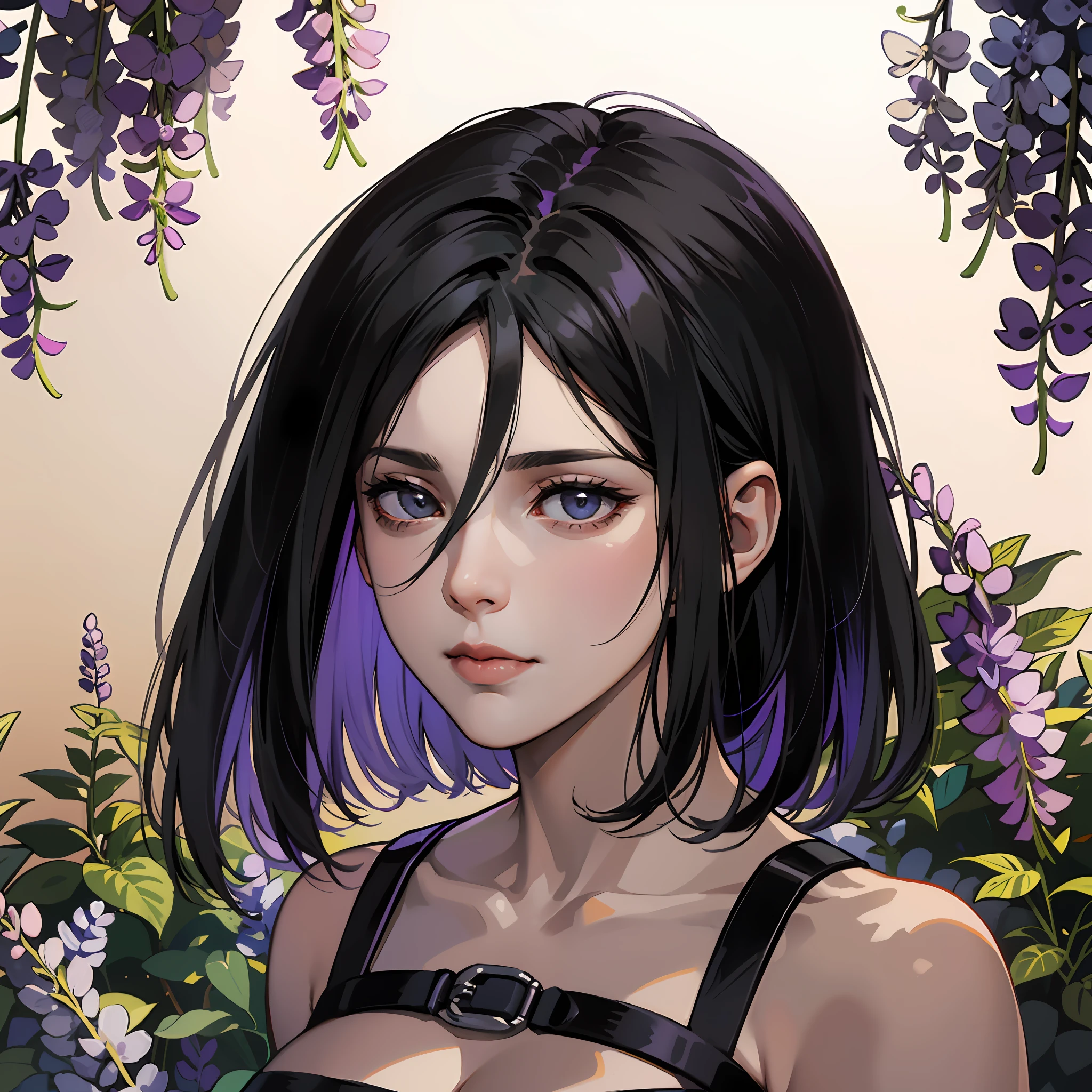 masterpiece, seductive face, good lighting, décolleté, huge breasts, small details, masterpiece, glowing eyes, 1girl, short black hair, gag, Mikasa Ackerman , wisteria background, masterpiece, best quality, POV, whole body, wide hips,