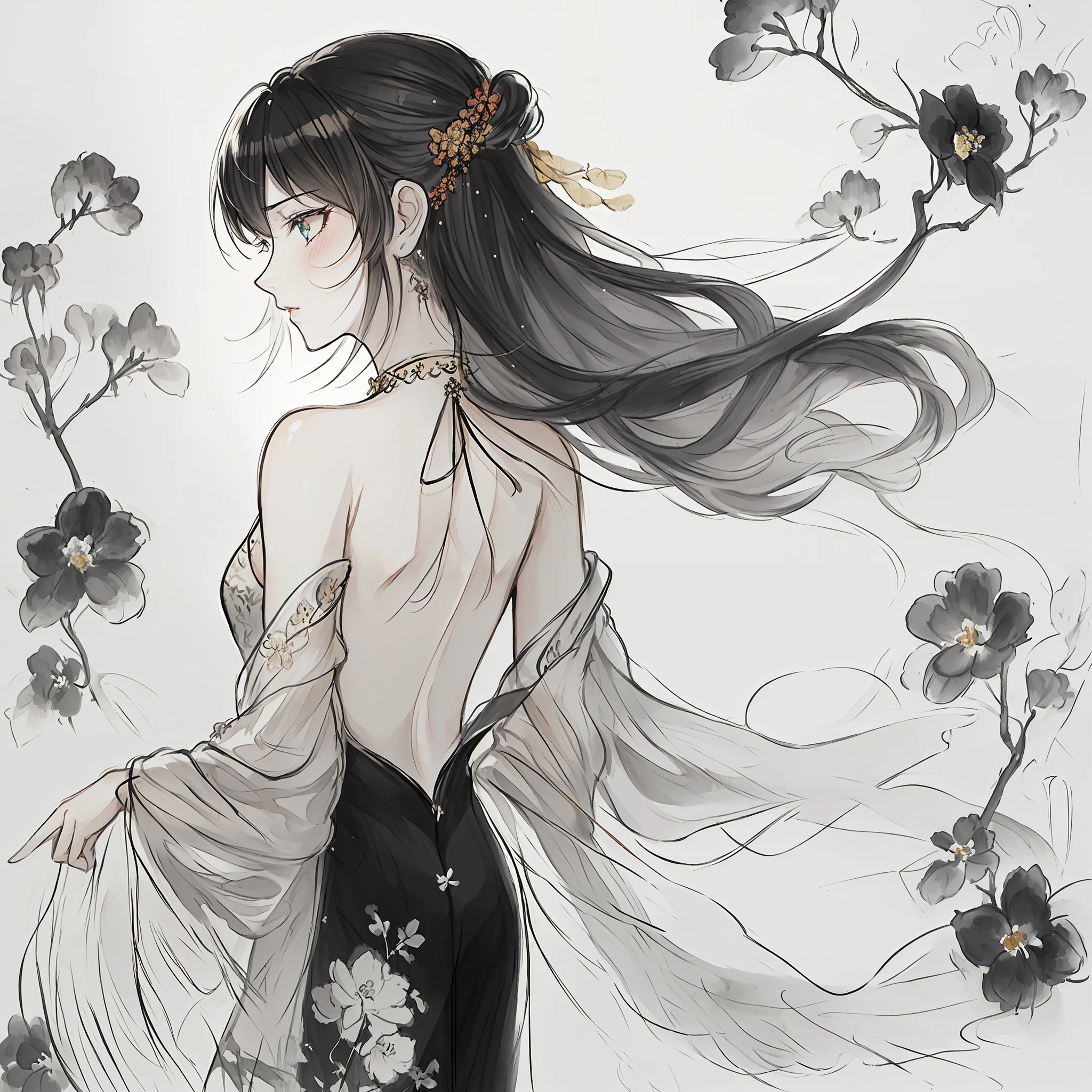 (((masterpiece))),(((best quality))),((ultra-detailed)), ((illustration)),floating, ((an extremely delicate and beautiful)),(beautiful detailed eyes),((disheveled hair)), (painting),(sketch), 1girl, small_breasts,((neck)),(((back))),(looking back), blush,dhalter dress, sliver hair,backless dress