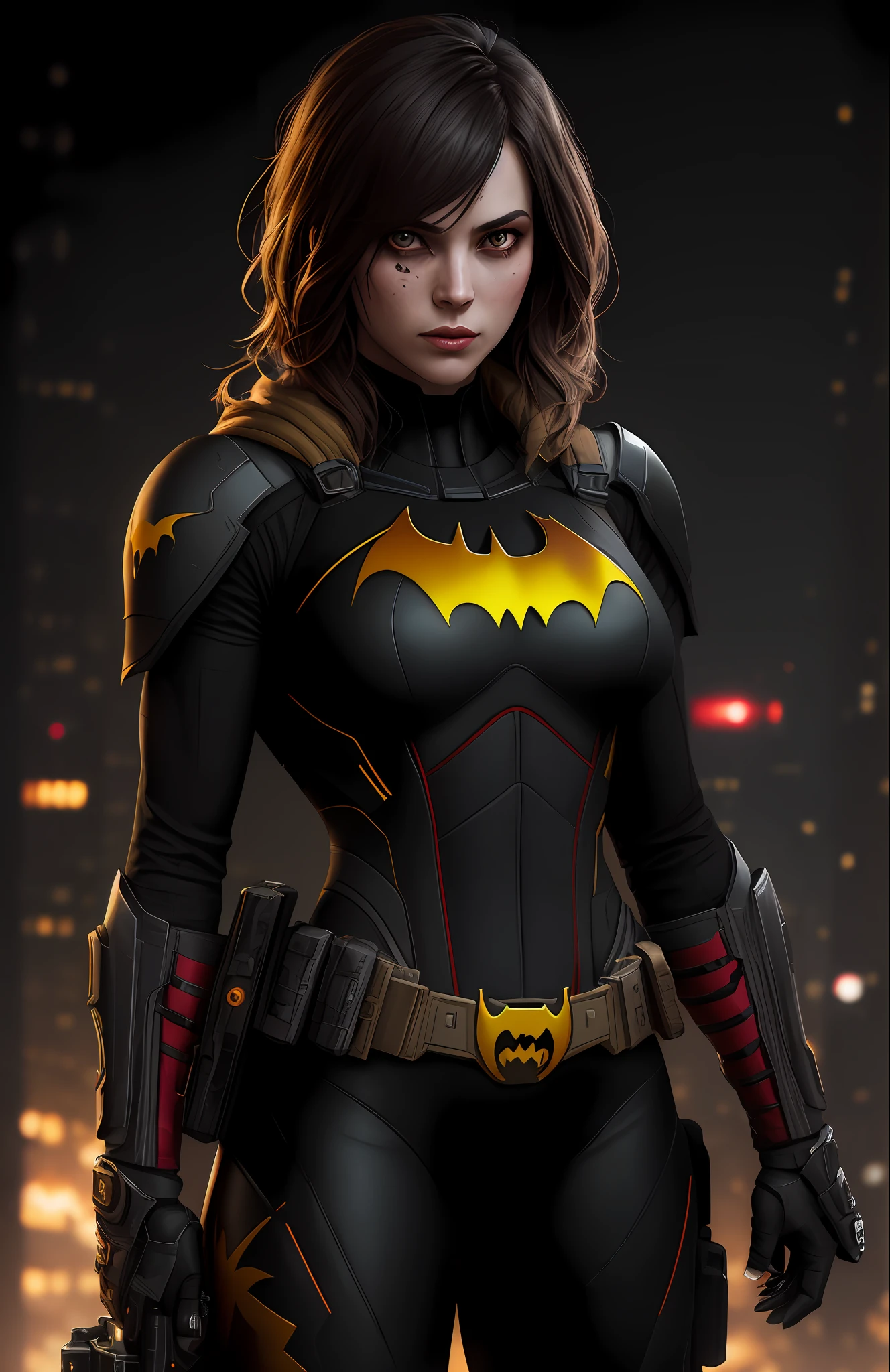 (dark shot: 1.1), epic realistic, Batgirl Red Lantern from DC, yellow gradient, black, brown and magenta color scheme, grunge aesthetic!!! graffiti tag wall background, art by Greg Rutkowski and artgerm, soft cinematic light, Adobe Lightroom, darkroom, HDR, intricate, highly detailed, (depth of field: 1.4), faded, (neutral colors: 1.2), (hdr: 1.4), (muted colors: 1.2), hyper-detail (artstation: 1.4), cinematic, warm light, dramatic light (complex details: 1.1)