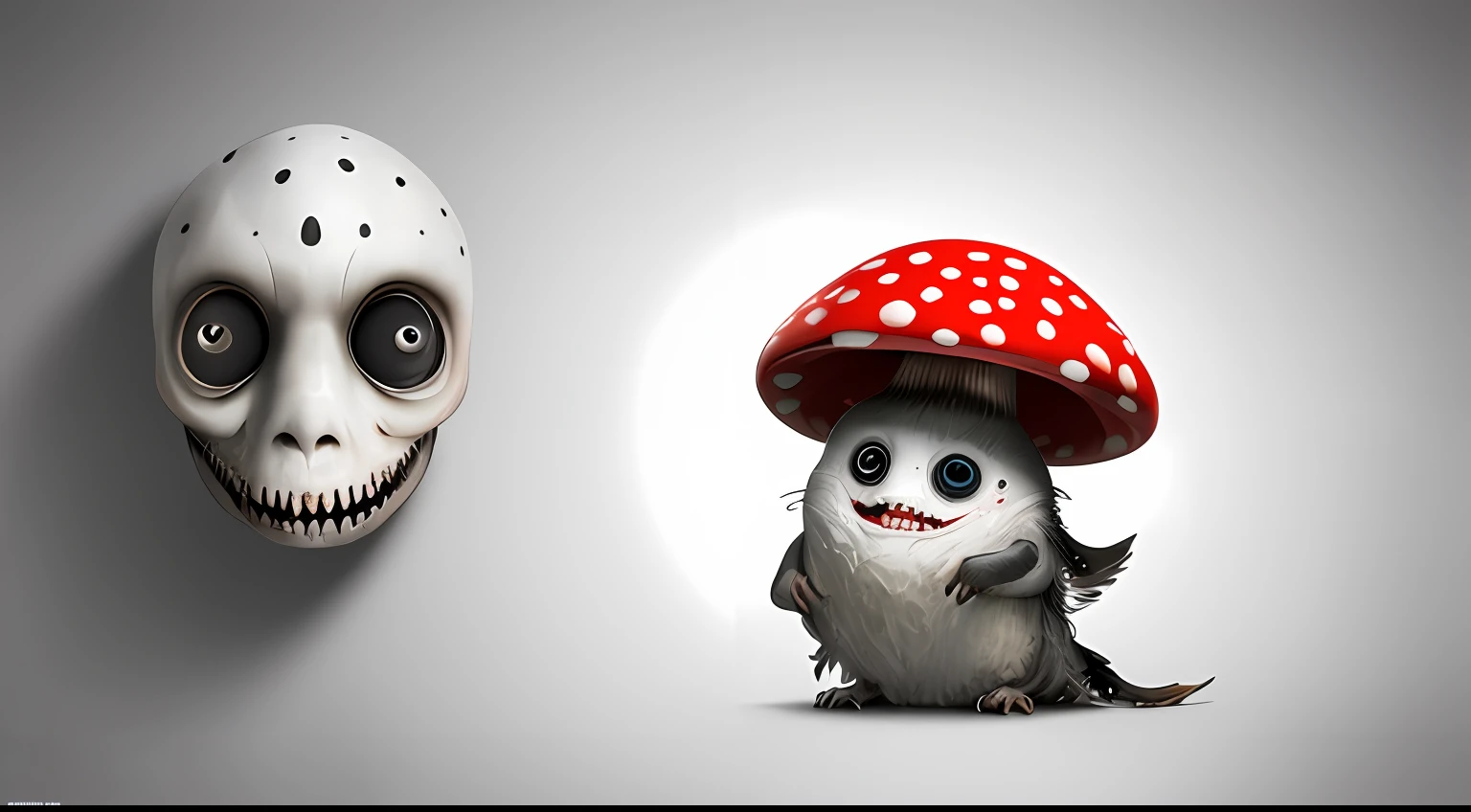 A adorable red capped mushroom white dots cute with a face with one eye , crying mouth and scary teeth" :: white background breathtaking hyperrealistic :: by Android Jones, Jean Baptiste monge, Alberto Seveso, James Jean, Jeremy Mann, insanely detailed professional photography :: masterpiece, 8k resolution concept art trending on Artstation, triadic colors, Unreal Engine 5 cg society octane photograph ultra detailed sharp crisp lines