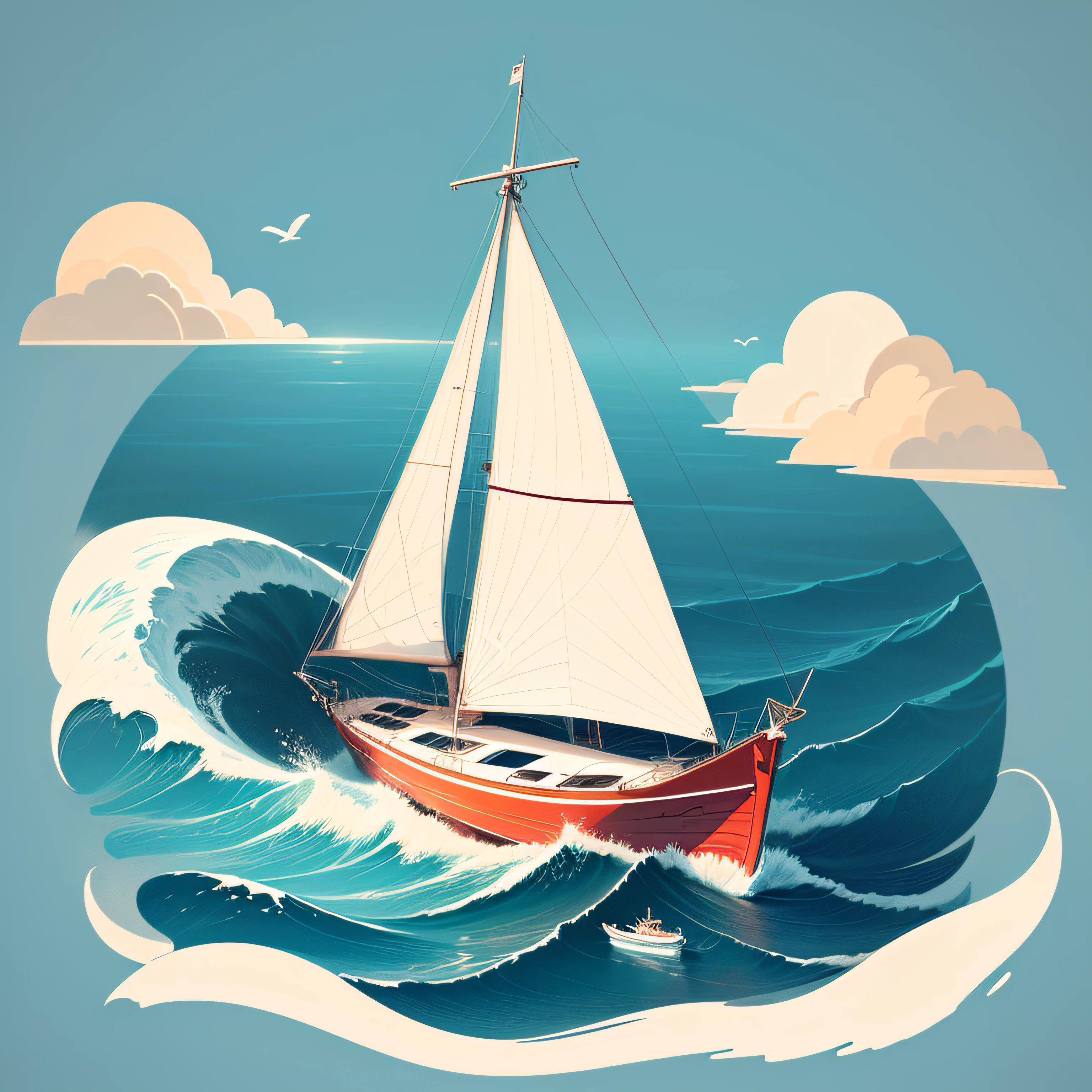 Cute drawing style, illustration for children, a small sailboat sailing on the tip of the waves, bright background, a small lighthouse on an island in the distance