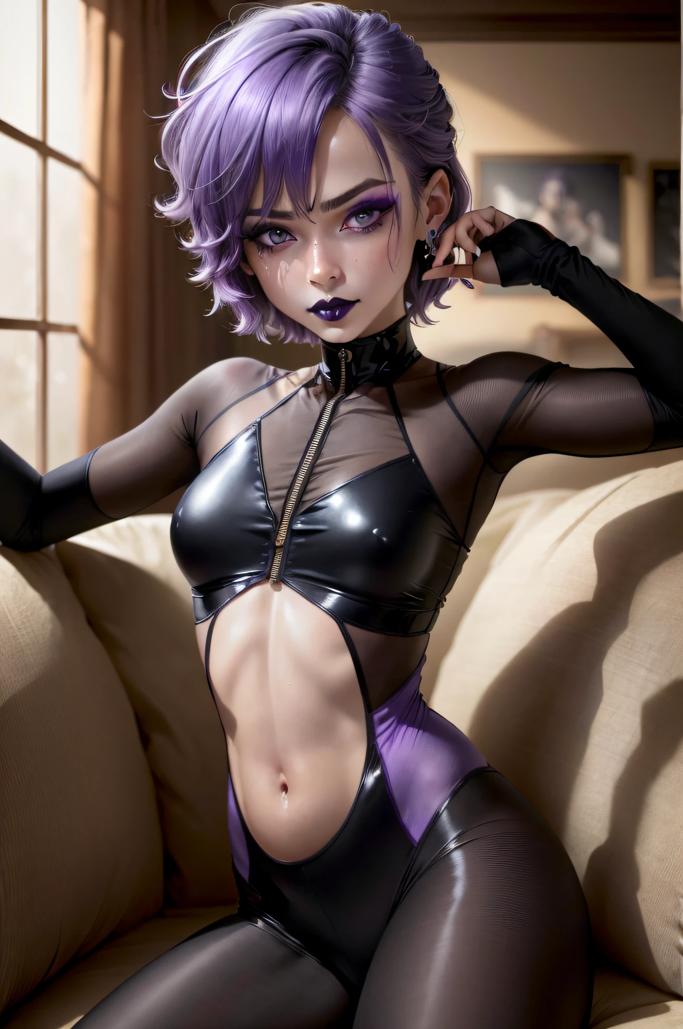 ((Cinematic light, Best quality, 8k, Masterpiece :1.3)), 1girl, Beautiful woman with thin abs :1.4, (purple hair, small breasts :1.3), hopefully falling, seductive open lips, sofa, ultra-detailed face, detailed eyes, double eyelidwork, best quality, Neeko, hair ornaments, hair flower, body paint, calango tail, trying to be sexy, ((( sexy a little bit see-through bodysuit))), ((goth)), showing sweaty armpits, steamy, sexual teasing, ((showing flat belly)), fight position, hands shining purple, ((black lipstick)), ((black make-up)), ((goth makeup)),