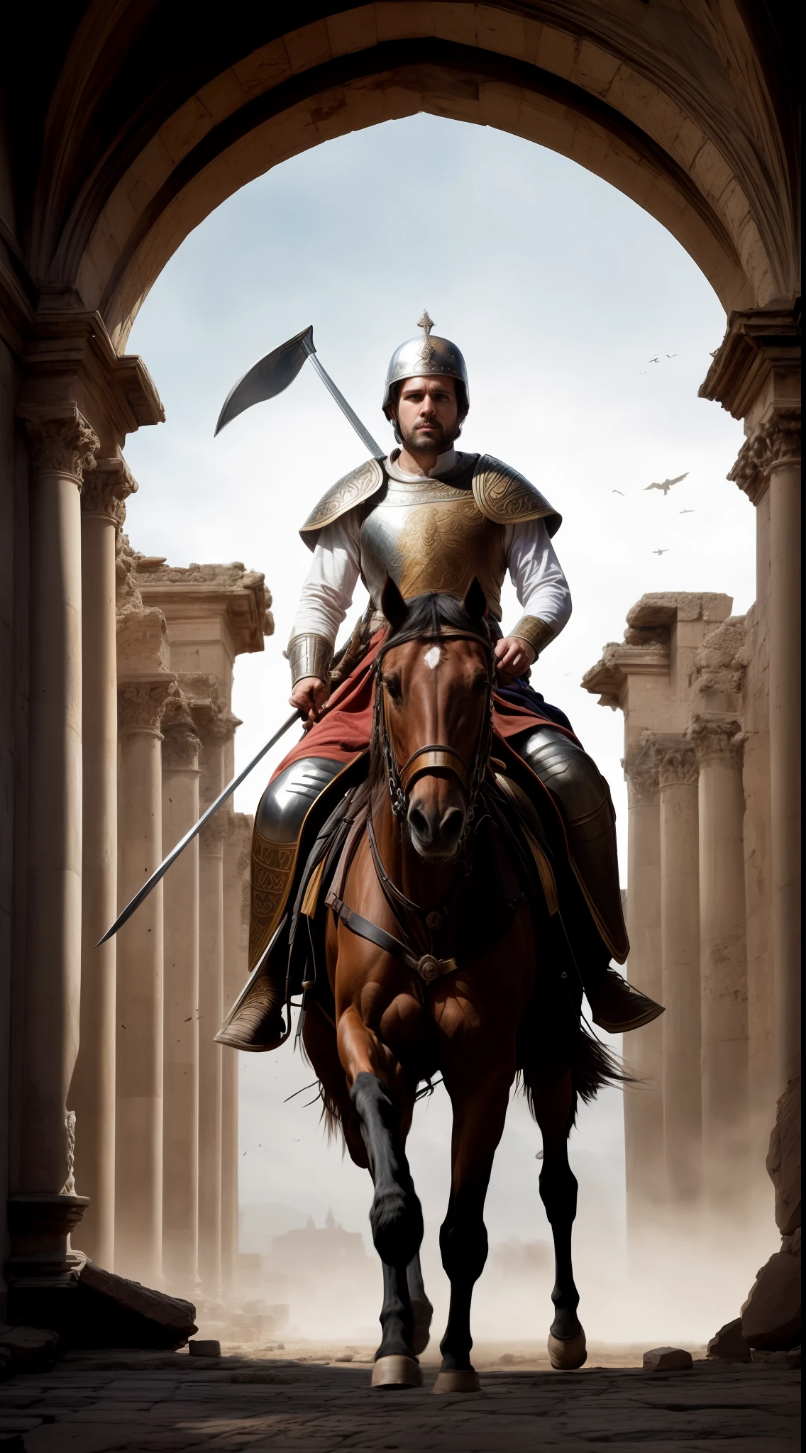 (masterpiece, best quality, high resolution:1.2), King Alaric I, (majestic Visigoth attire:1.2), crown upon his head, leading his valiant troops, fierce warriors, charging into battle, ancient city of Rome in the 5th century, grand architectural backdrop, (detailed stone buildings, crumbling ruins:1.1), clash of swords, dust-filled air, warm sunlight casting long shadows, historical accuracy, intricate details, realistic style, trending on ArtStation, intense emotion, dynamic composition, mid-action.