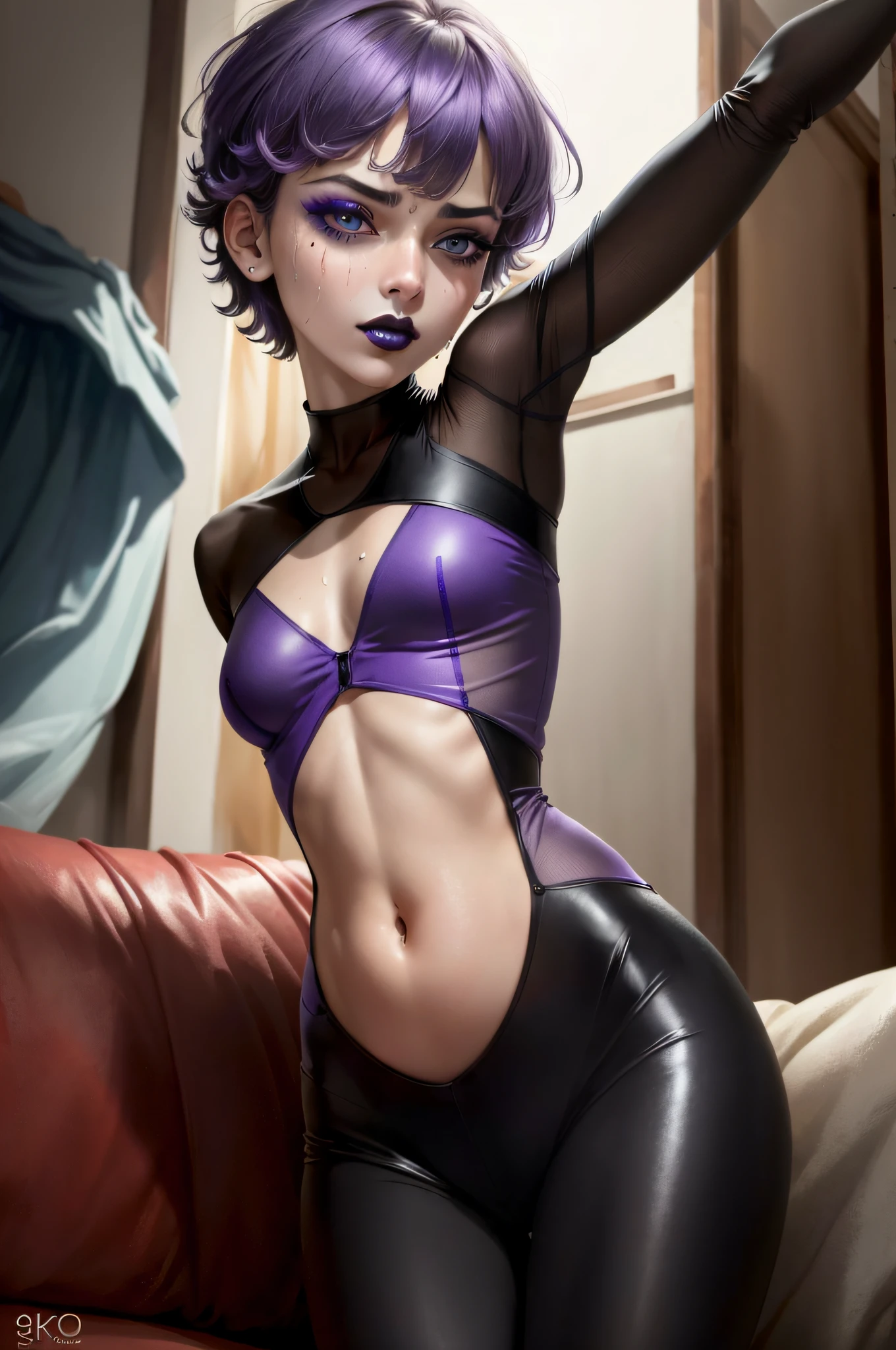 ((Cinematic light, Best quality, 8k, Masterpiece :1.3)), 1girl, Beautiful woman with thin abs :1.4, (purple hair, small breasts :1.3), hopefully falling, seductive open lips, sofa, ultra-detailed face, detailed eyes, double eyelidwork, best quality, Neeko, hair ornaments, hair flower, body paint, calango tail, trying to be sexy, ((( sexy a little bit see-through bodysuit))),  ((goth)), showing sweaty armpits, steamy, sexual teasing, ((showing flat belly)), fight position, hands shining purple, ((black lipstick)), ((black make-up)), ((goth makeup)),