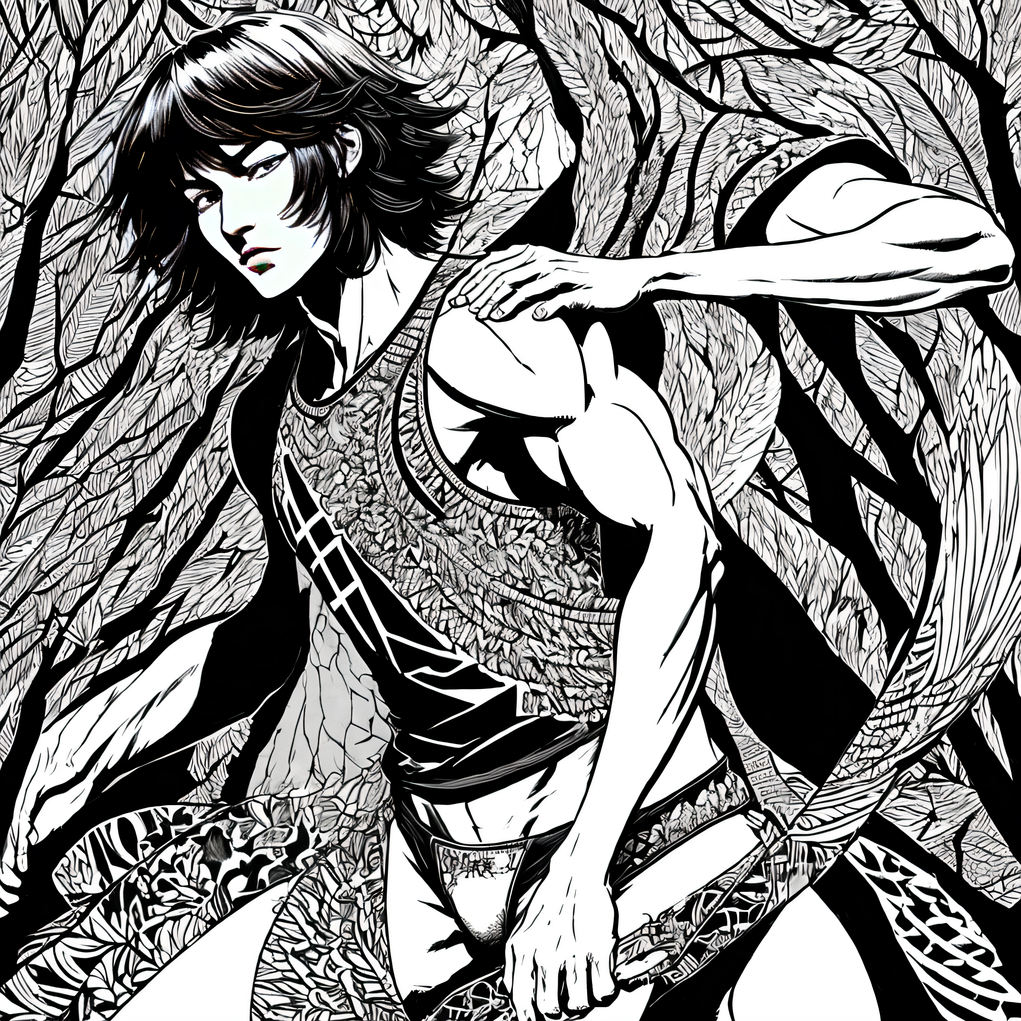 (Hiroko Yuhiguchi, 1.4), Yuko Higuchi,(By Yoh:1.2),(MasterPiece,best best quality,Official fine art,Beauty and Aesthetics:1.2),(Hyperdetail),((No panties:1.2))((Inch hair is short,Short beard stubble:1.1))((bobed hair,brush cut,32-year-old muscular man:1.1))Finely detail,best illustrations,Hand drawn high quality,(High Contrast),(Clean lines:1.3),(arte de linha),line-drawing,(Complex lines),Ligne Claire,s fractal art,stroke,ukiyoe style,(full body portrait,No pants on,extreme close up:1.1),(muscle man,No pants on:1.1)(He was surrounded by dead trees:1.1),The perfect facial features of a supermodel,full body showing(Short hair,Bearded stubble),Thong boy,Surround composition,Perfect pectorals and abs,mysterious night,Extremely provocative and sexy(increased detailing),(Detailed background:1.2),(cores、),HIGH RES,Extreme detail((Super artistic sense,No panties,只用-一根红色枫叶树枝遮挡下体,Looming behind the structure:1.2))