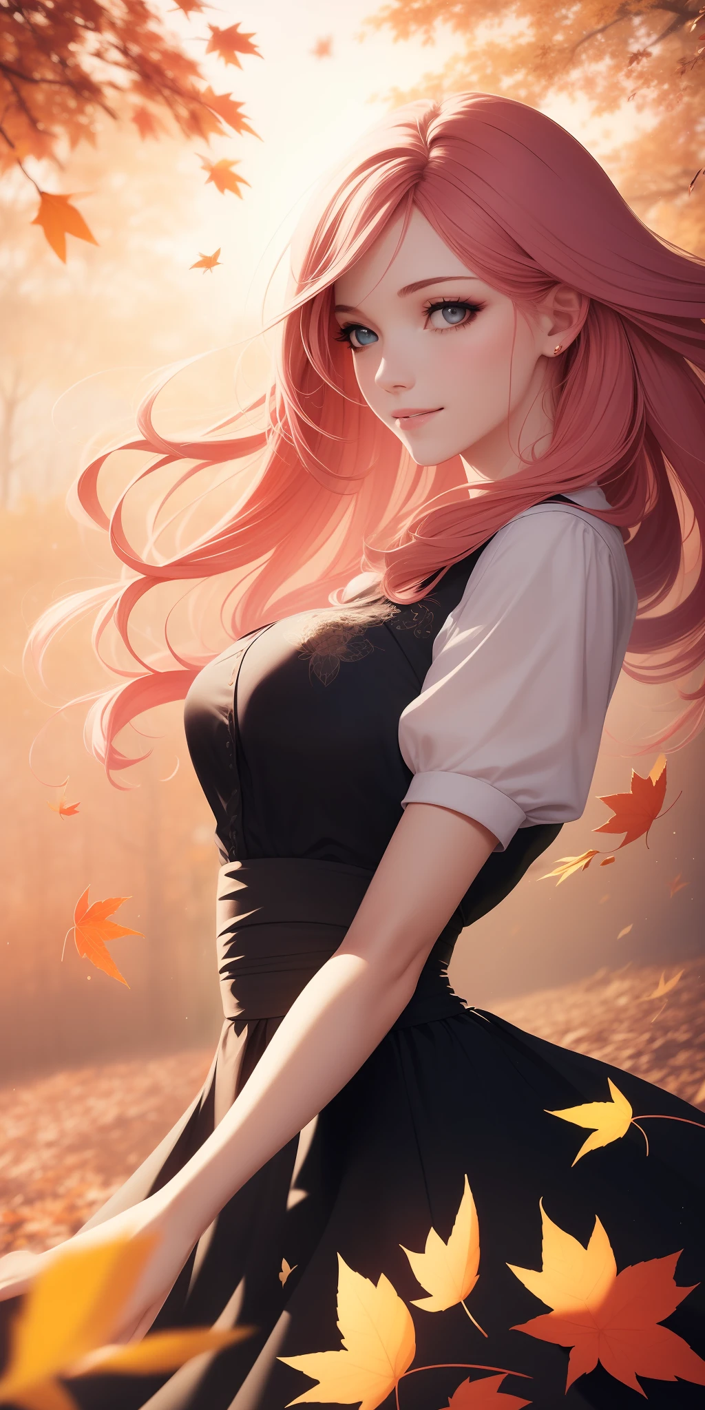 A picture by MSE A beautiful woman,the most beautiful girl by Agnes Cecile, European face,cheerful expression, beautiful pink hair moved by the wind, autumn leaves in the air, dress moved by the wind,luminous design, pastel colors, ink drops, autumn lights, old paper texture