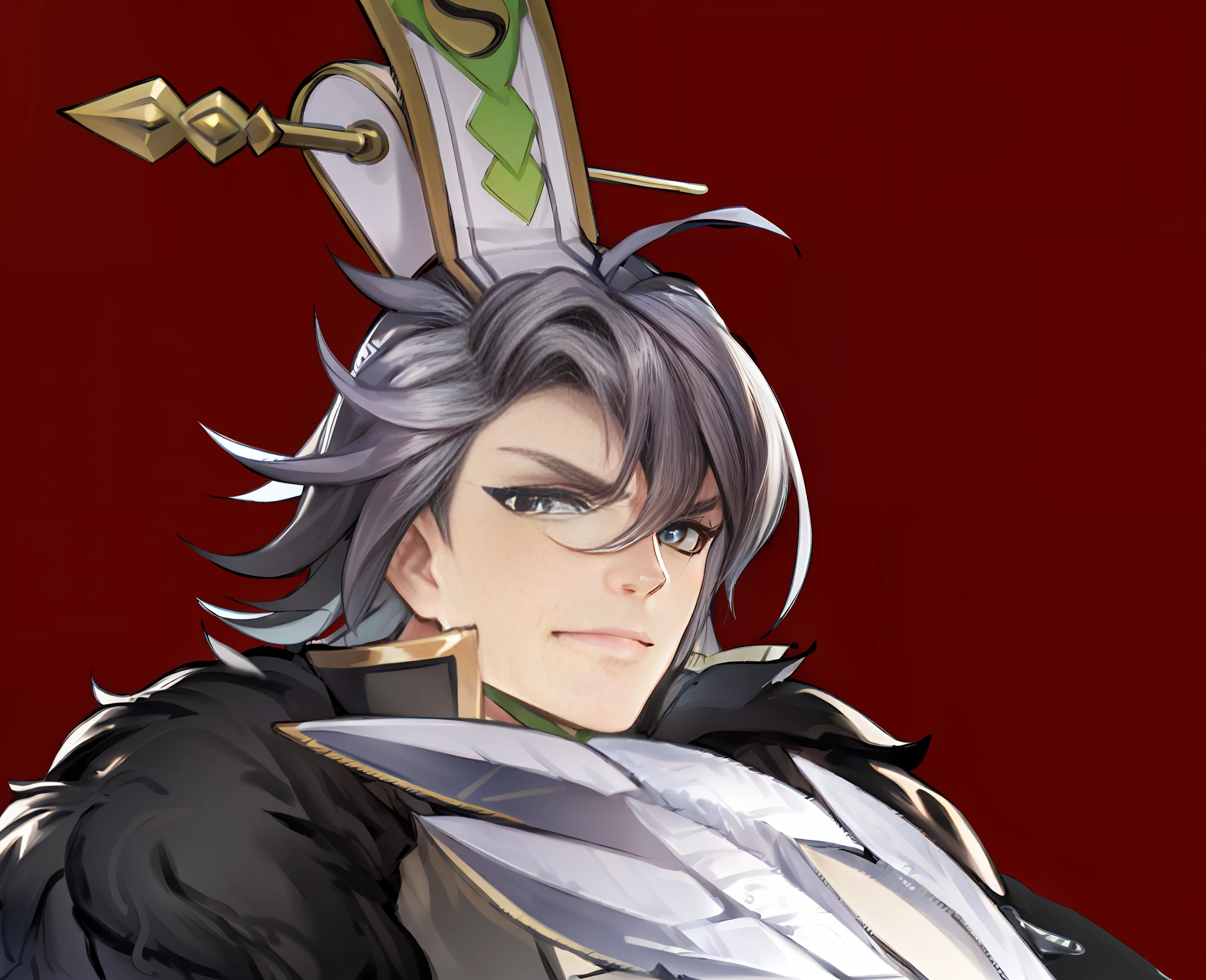 a close up of a person with a sword and a crown on their head, onmyoji portrait, taisho roman, discord pfp, roguish smirk, casimir art, keqing from genshin impact, genshin impact character, crisp clear rpg portrait, masamune shiro, zhongli from genshin impact, highley detailled face