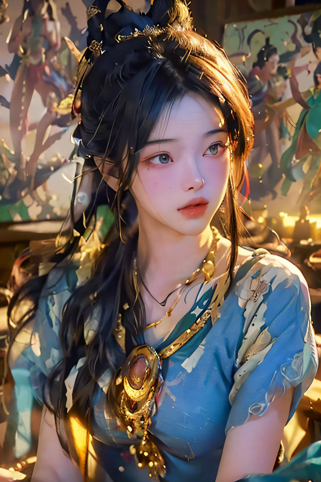 (RAW photo, best quality), (realistic, photo-realistic:1.3),best quality,highly detailed,masterpiece,ultra-detailed,illustration,1girl,upper_body,dynamic angle,world masterpiece theater,messy_long_hair,best quality,extremely detailed CG unity 8k wallpaper,ink,Amazing,cinematic lighting,lens_flare, dunhuang_style