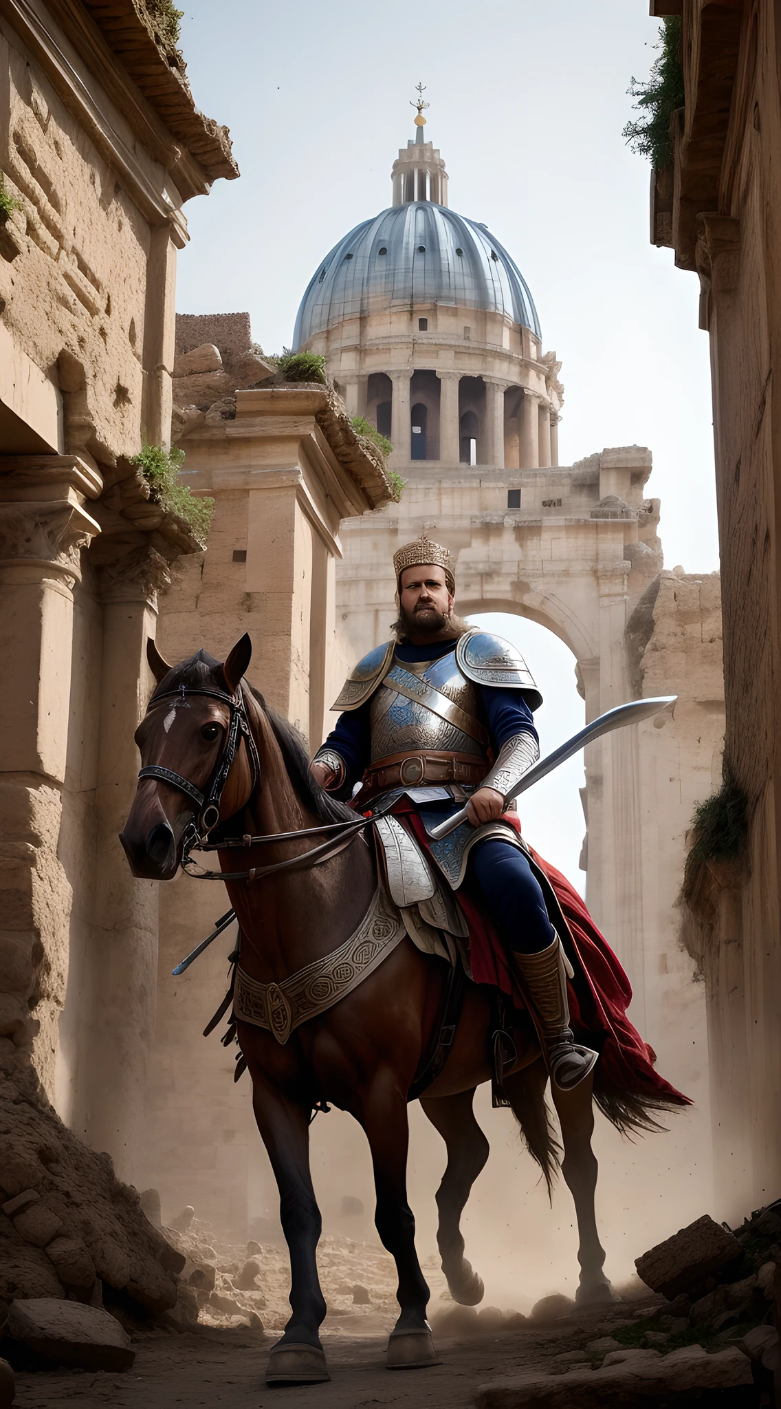 (masterpiece, best quality, high resolution:1.2), King Alaric I, (majestic Visigoth attire:1.2), crown upon his head, leading his valiant troops, fierce warriors, charging into battle, ancient city of Rome in the 5th century, grand architectural backdrop, (detailed stone buildings, crumbling ruins:1.1), clash of swords, dust-filled air, warm sunlight casting long shadows, historical accuracy, intricate details, realistic style, trending on ArtStation, intense emotion, dynamic composition, mid-action.