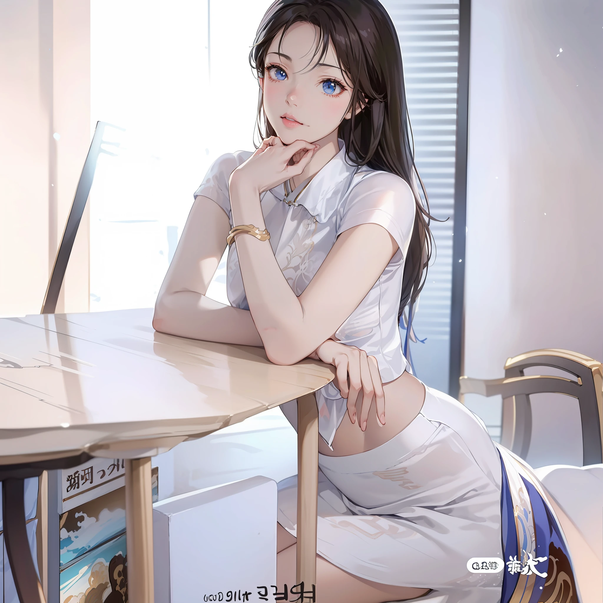 a close up of a woman sitting at a table with a book, cute elegant pose, smooth white tight clothes suit, seductive anime girl, beautiful alluring anime woman, on a white table, attractive pose, attractive anime girl, guweiz, trending at cgstation, trending on cgstation, anime thai girl, in white clothes, realistic. cheng yi