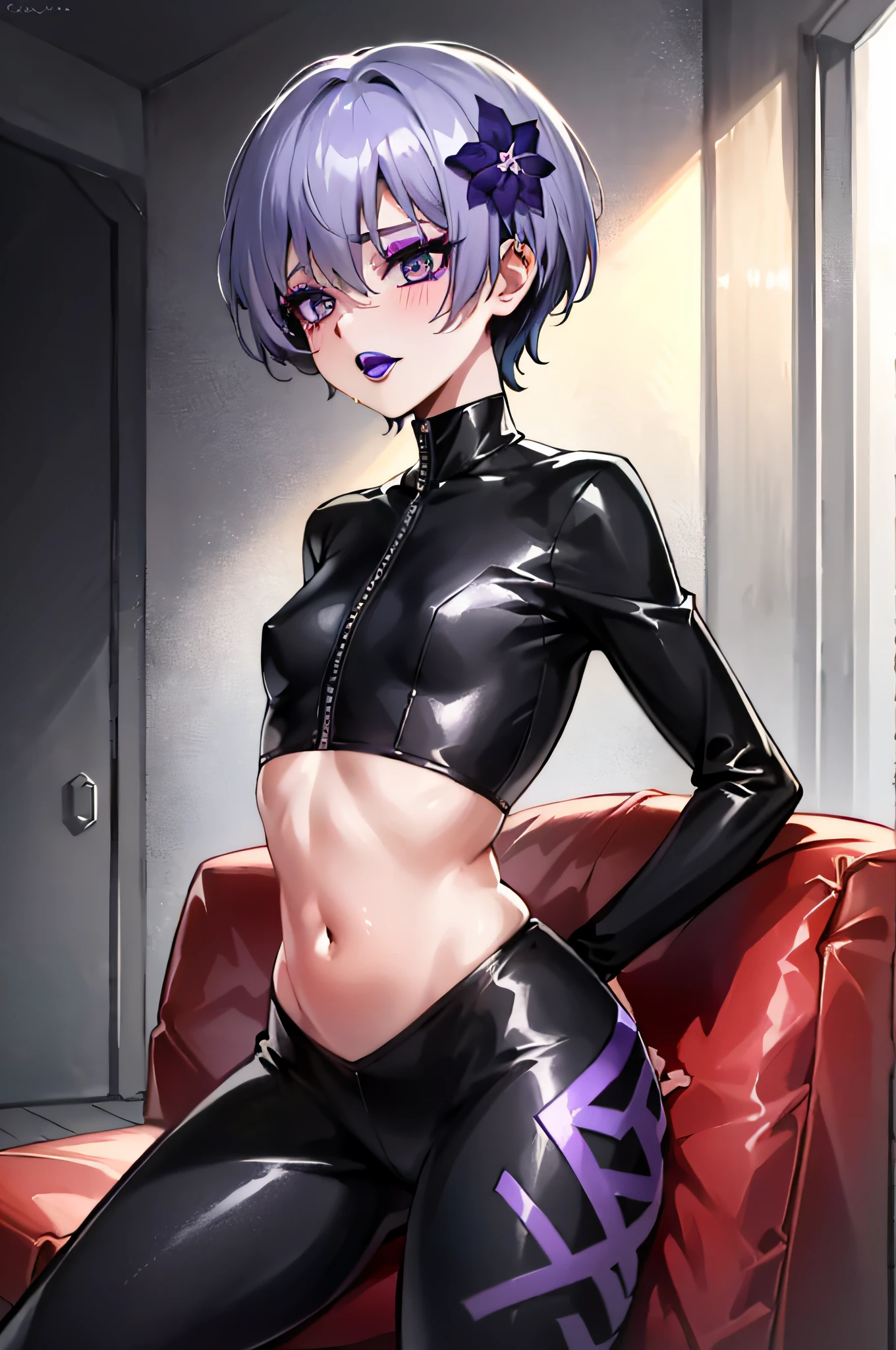 ((Cinematic light, Best quality, 8k, Masterpiece :1.3)), 1girl, Beautiful woman with thin abs :1.4, (purple hair, small breasts :1.3), hopefully falling, seductive open lips, sofa, ultra-detailed face, detailed eyes, double eyelidwork, best quality, Neeko, hair ornaments, hair flower, body paint, calango tail, trying to be sexy, ((( sexy a little bit see-through bodysuit))), ((goth)), showing sweaty armpits, steamy, sexual teasing, ((showing flat belly)), fight position, hands shining purple, ((black lipstick)), ((black make-up)), ((goth makeup)),