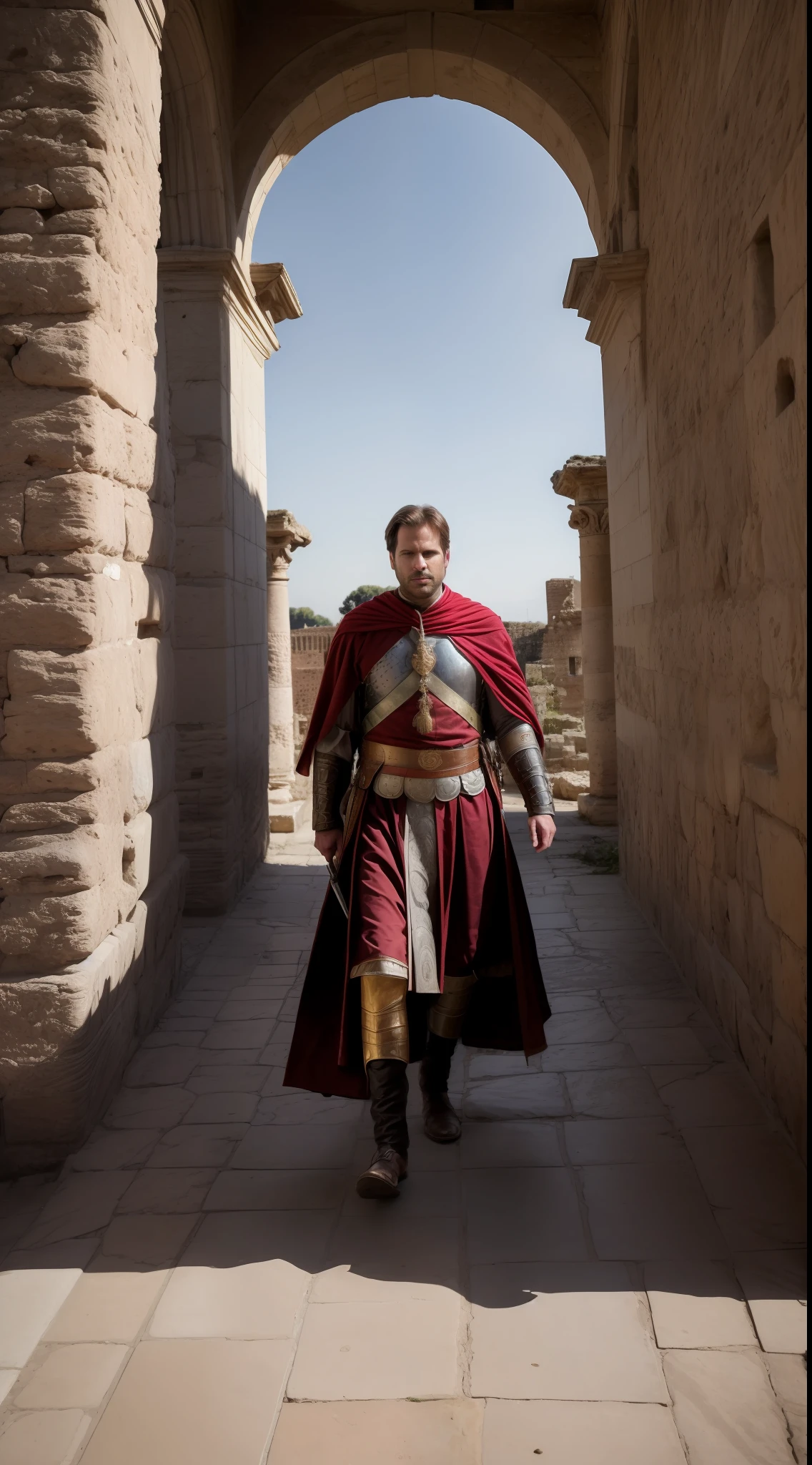 (masterpiece, raw photo, high resolution:1.3), King Alaric I, (regal Visigoth garments:1.2), commanding presence, leading his Visigoth troops, battle-hardened warriors, engaging in combat against the Roman Empire, ancient city of Rome as the backdrop, (worn stone structures:1.1), aged arches, broken columns, authentic historical setting, realistic style, dramatic lighting, capturing the essence of the 5th century, trending on ArtStation, intense action, gritty atmosphere.