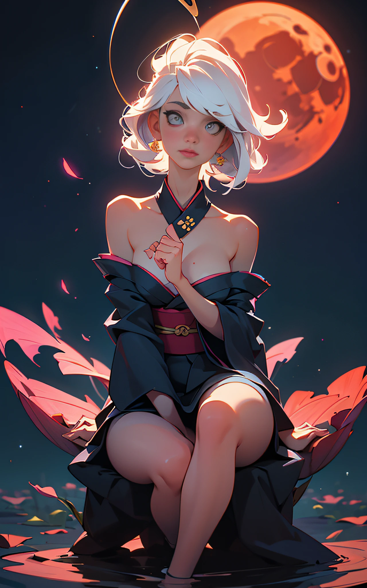 Best image quality, MasterPiece, ultra-high resolution, (accuracy: 1.4), Very beautiful girl, long straight hair, white hair with bangs, dressed in an unbuttoned kimono, naked big breasts, sitting in the lotus position, hands pointing to the sides, reciting mantras, against the background of the night starry sky there is a big fluffy hare, a red moon. detailed eyes and face, naked body,, nfsw Beautiful detailed eyes, halo around the head, dull, dark, membranous, 1.5), (erotic clothing: 1.4), bare shoulders.