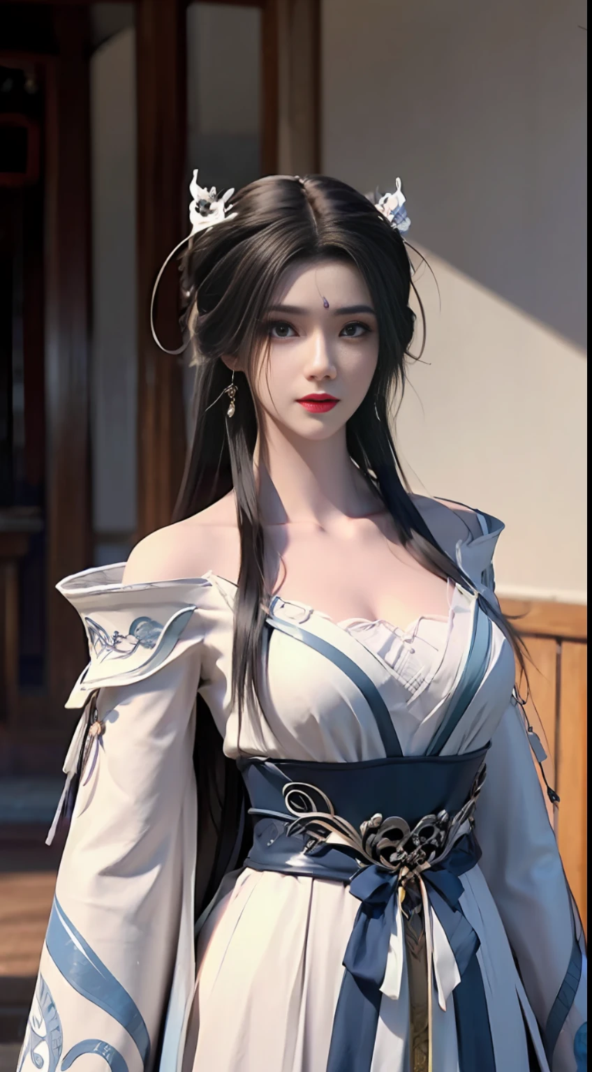 Solo, 1 Beautiful Female, Wuxia World, (1 Girl), (Full Body), (Xiuxian World), Chinese Immortal Wuxia, (Black Cross-collared Top, Silk Robe, Embroidered Cape, Openwork Pattern), Black Hair, Chinese Disc Bun, Hairpin, Light Pink Lips, (Young), Facial Highlight, Upper Body, Detail Face, White Skin, Ponytail, Braid, Look at the Audience, Big Eyes, Earrings, Slim Figure, Professional Lighting, Photon Mapping, Light Energy Transfer, Physically Based Rendering, 8K UHD, DSLR, Soft Light, High Quality, high resolution, (very detailed CG unity 8k wallpaper)