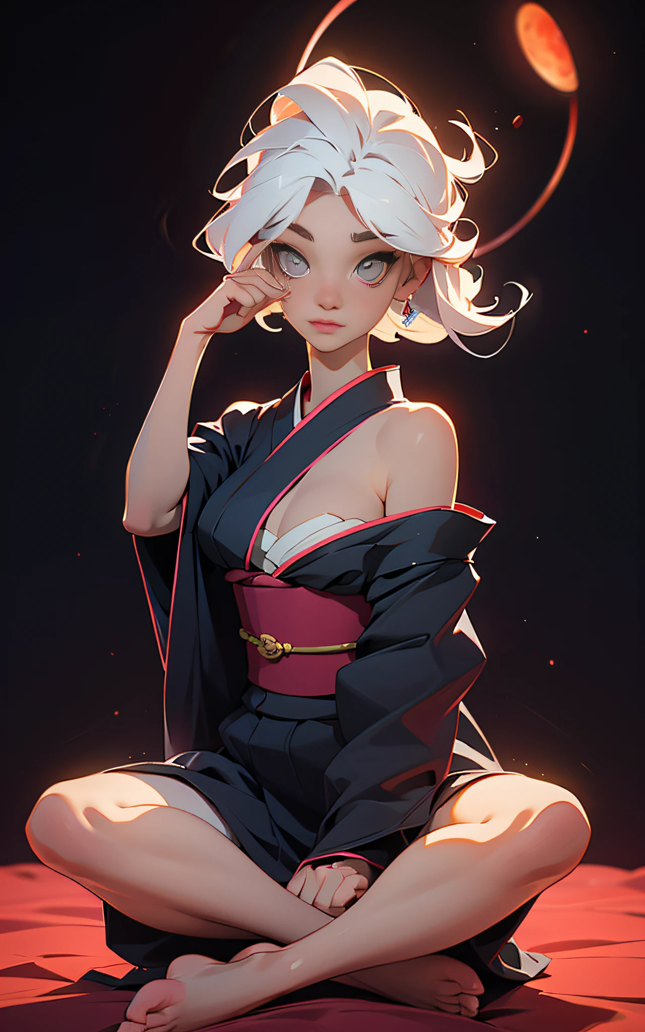 Best image quality, MasterPiece, ultra-high resolution, (accuracy: 1.4), Very beautiful girl, long straight hair, white hair with bangs, dressed in an unbuttoned kimono, naked big breasts, sitting in the lotus position, hands pointing to the sides, reciting mantras, a hare behind her back, looking at the camera, the background of the night starry sky, a red moon. detailed eyes and face, naked body,, nfsw Beautiful detailed eyes, halo around the head, dull, dark, membranous, 1.5), (erotic clothing: 1.4), bare shoulders.