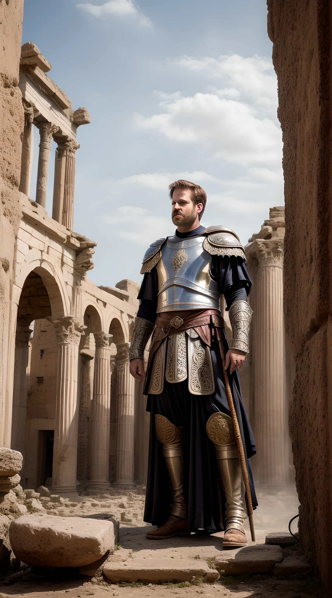 (masterpiece, high resolution, realistic style:1.2), King Alaric I, (ornate Visigoth armor:1.2), commanding presence, leading his determined Visigoth troops, fierce warriors, locked in fierce battle against the Roman Empire, ancient city of Rome in ruins, (weathered stone structures:1.1), towering columns, scattered debris, historical accuracy, attention to detail, trending on ArtStation, intense emotion, capturing the spirit of the 5th century, authentic composition, epic scale.