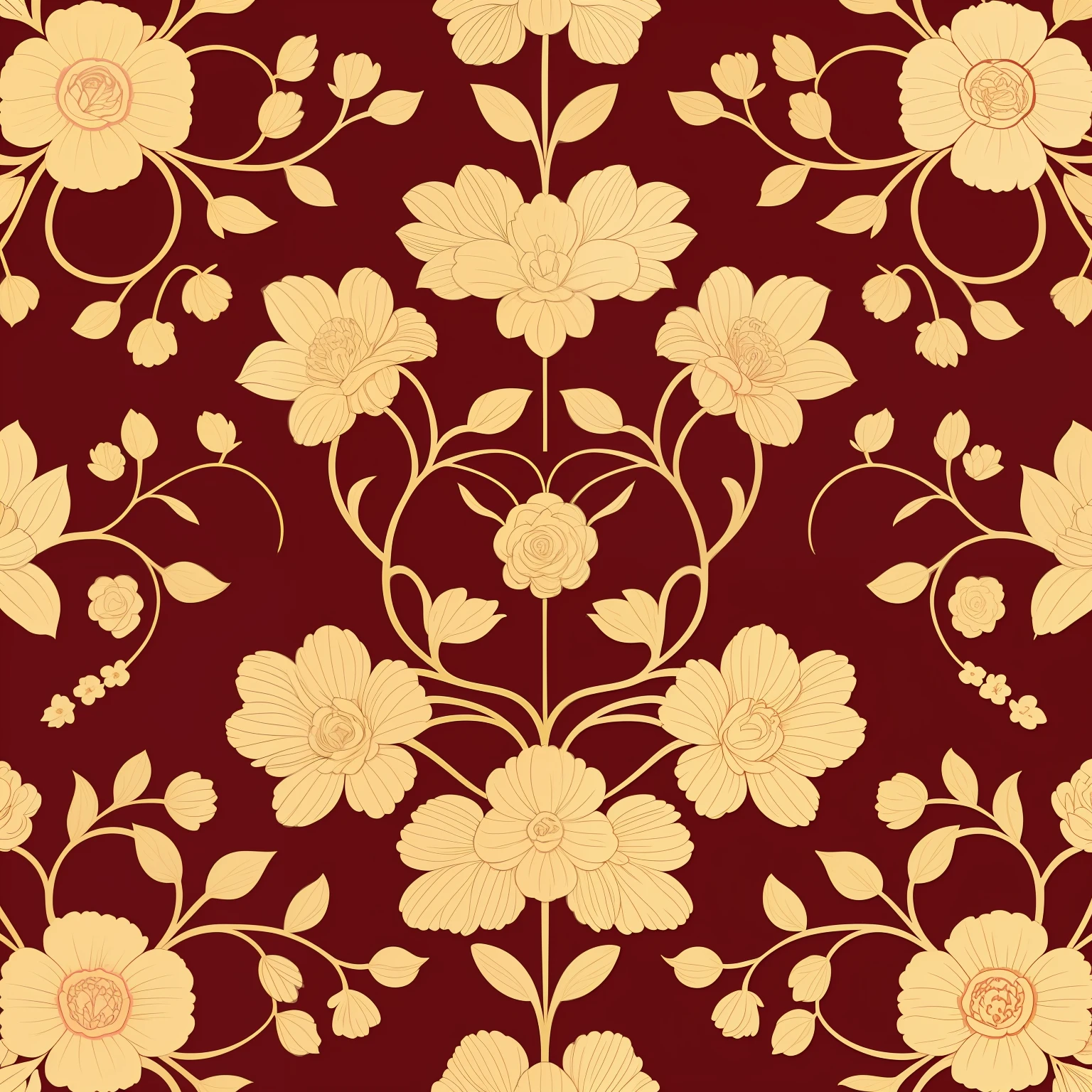 Seamless floral pattern, vintage floral pattern and decorative art flower branches isolated on red background. Vector illustration