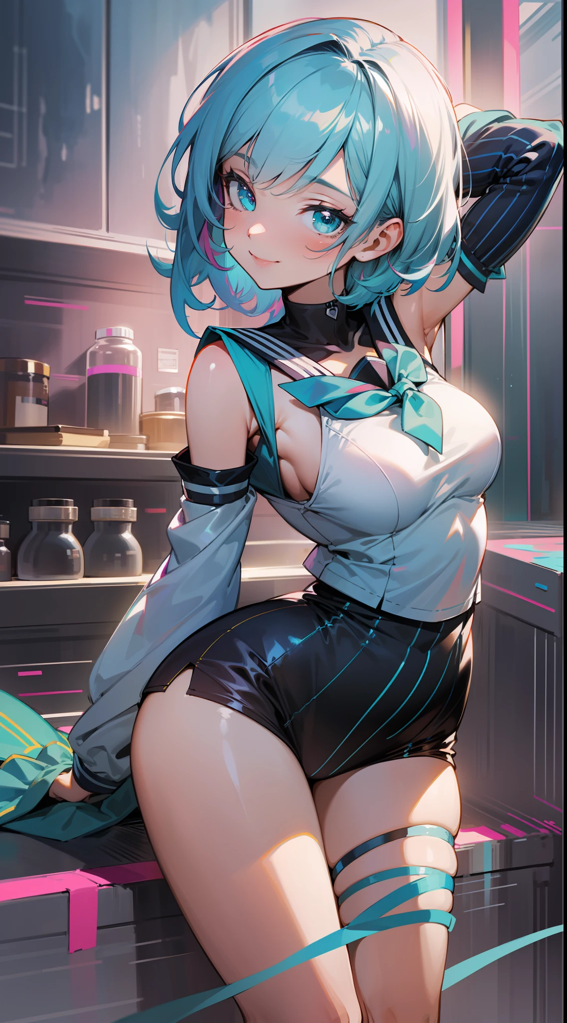 best quality,highly detailed,masterpiece,ultra-detailed,illustration,medium breast,bishoujo,arm_support,trap,gorgeous,highres,dynamic angle,original,multicolored hair,blue hair,detached_sleeves,striped_socks,sailor_collar,seductive smile,aqua eyes,,hair_pull,bent_over