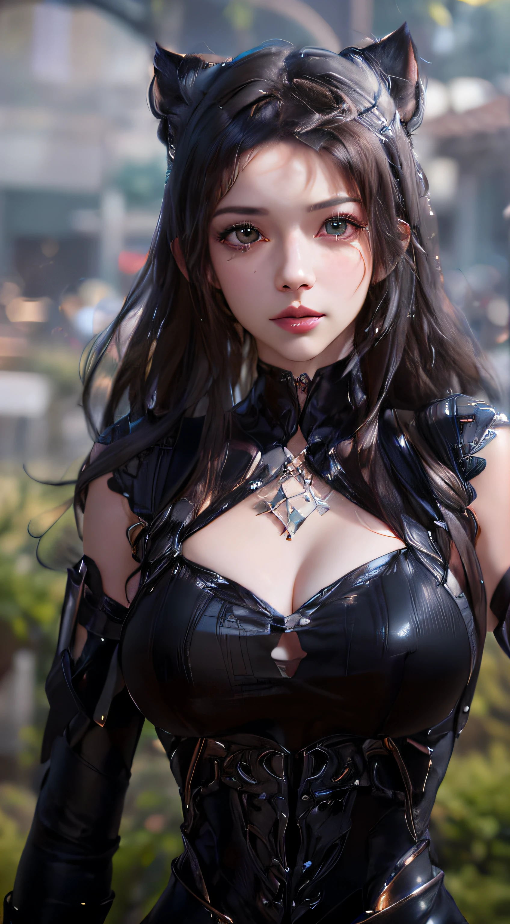 Close-up of a cat-eared woman in a black dress, 8K high quality detail art, 3D rendered character art 8 K, 4K detail fantasy, game CG, Artgerm; 3D Unreal Engine, smooth anime CG art, wearing shiny cuirass, ultra-detailed fantasy characters, 8K art bacterial bokeh, portrait of Tifa Lockhart, ((Need for Beauty)), ((Face Close-up)), ((Perfect Face)), ((Delicate Facial Features)), ((Beautiful Eyes))
