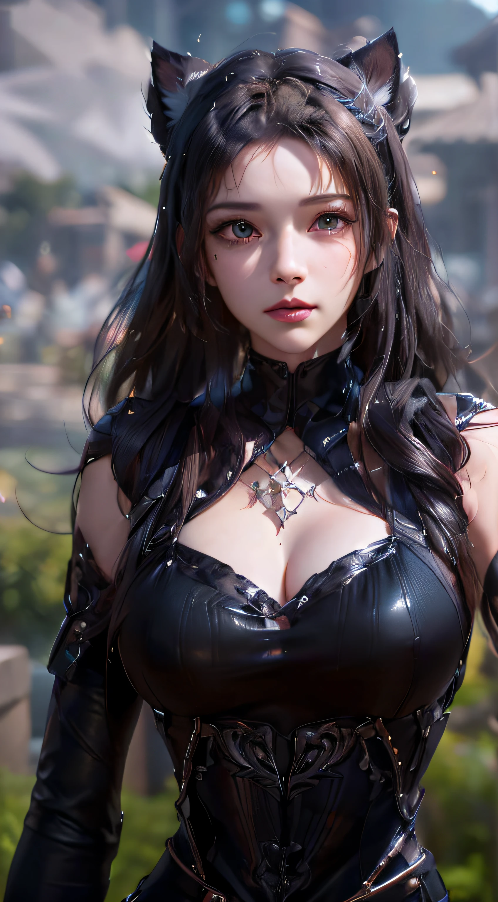 Close-up of a cat-eared woman in a black dress, 8K high quality detail art, 3D rendered character art 8 K, 4K detail fantasy, game CG, Artgerm; 3D Unreal Engine, smooth anime CG art, wearing shiny cuirass, ultra-detailed fantasy characters, 8K art bacterial bokeh, portrait of Tifa Lockhart, ((Need for Beauty)), ((Face Close-up)), ((Perfect Face)), ((Delicate Facial Features)), ((Beautiful Eyes))