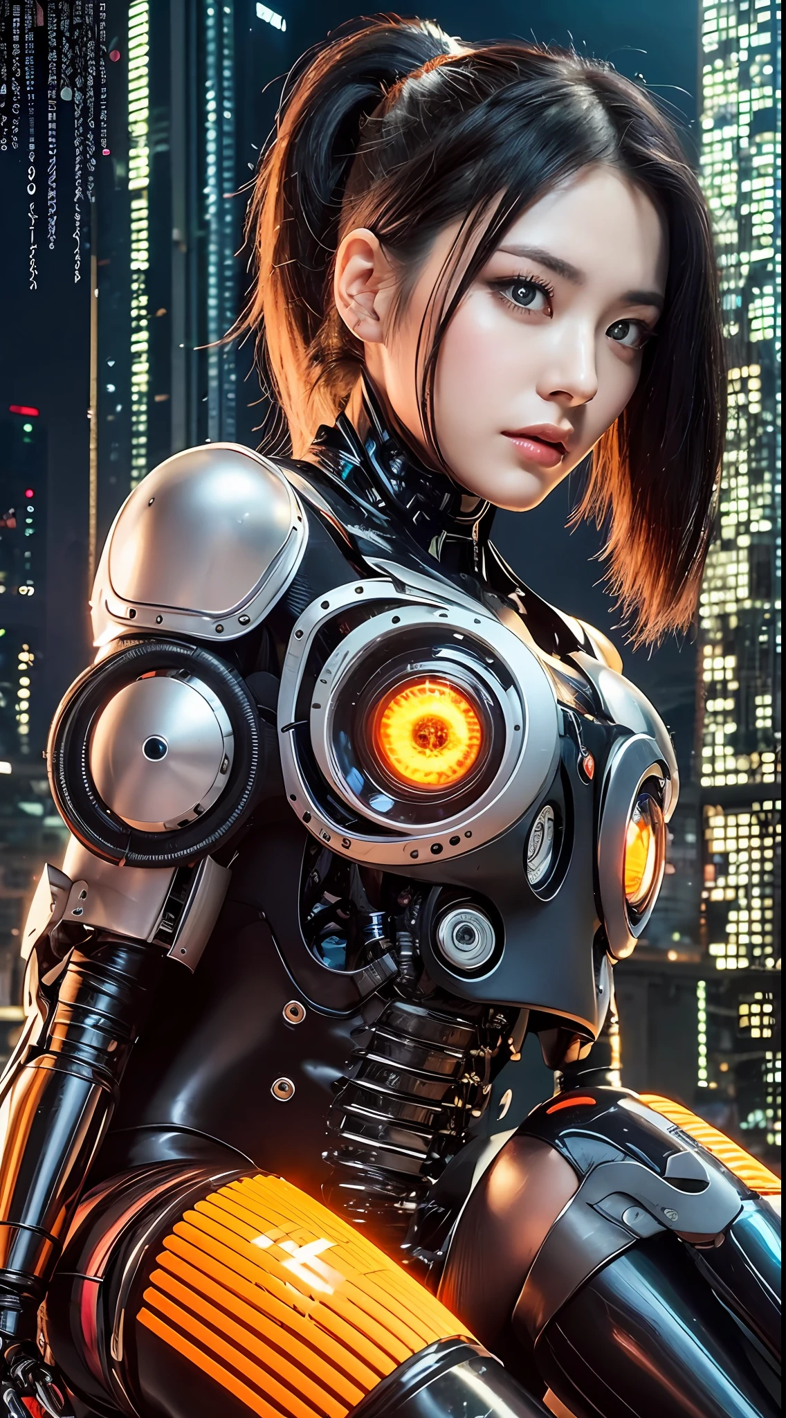 Cyberpunk, Female Cyborg, Special Ability, Uniform, Mechanized Enhancement, Beauty, Black Hair, Japan, Knee Up, Fine Face, Fine Body, Ponytail, Mechanical Eyes, ((Orange Eyes: 1.2)), Glowing Eyes, Barcode on Face