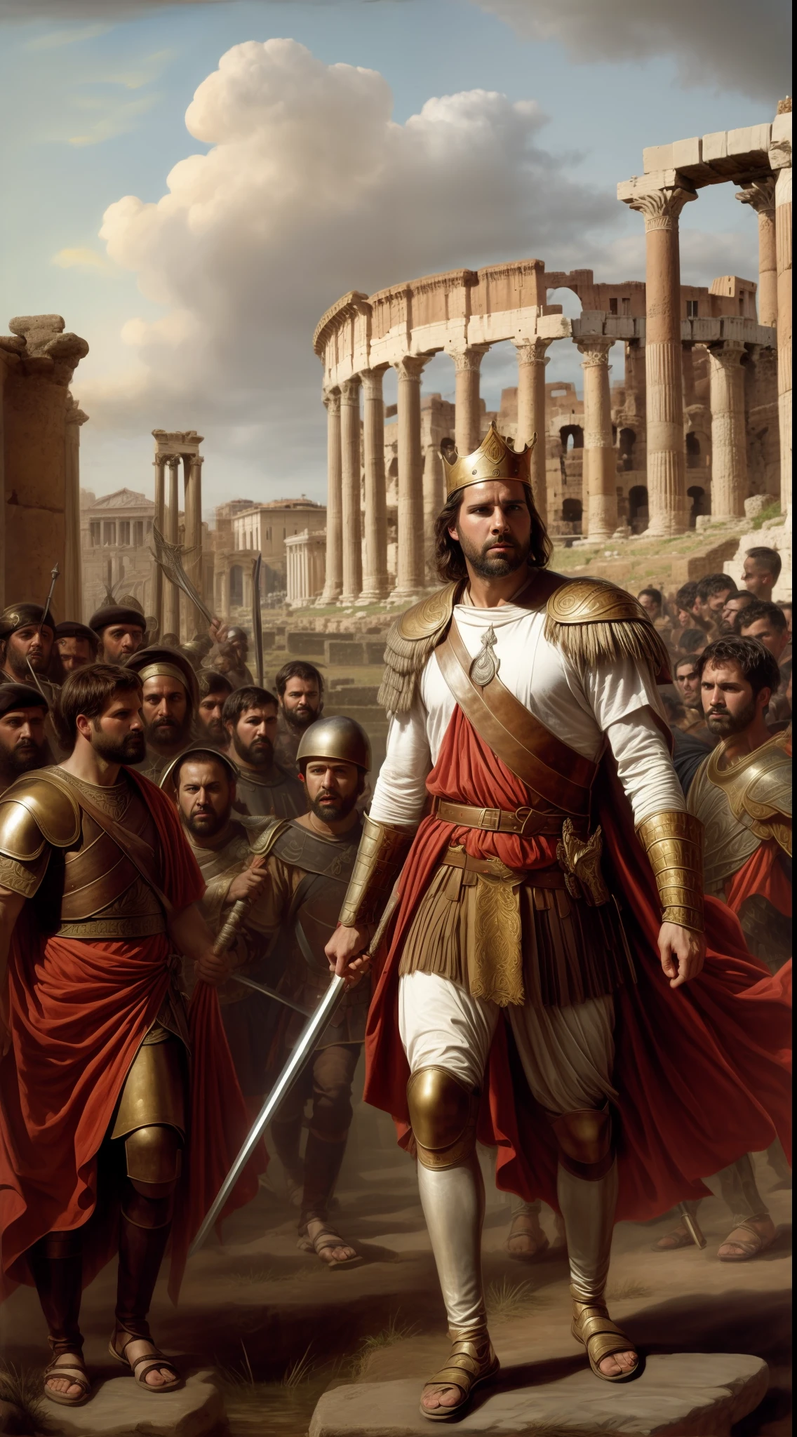 "An epic depiction of King Alaric I, fearlessly commanding his mighty Visigoth army in an epic battle against the formidable Roman Empire. The ancient city of Rome serves as the backdrop, immersing us in the 5th century era of this monumental clash."