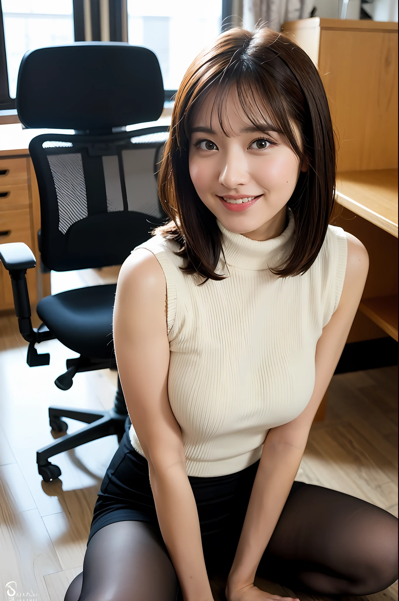 Top quality, masterpiece, High resolution, 1girl, Beautiful and perfect face, Bob layer cut, sleeveless turtleneck knit, mini skirt, clean underarms, intricate details, cinematic feel, 8K, very detailed, big, office, under desk, under desk, under desk, natural light, big breast bulge, smile, all fours, on all fours, upwards, Looking down, sitting upright, crouching, employee ID, staff identity card, crawling on all fours, hiding under the top of the desk,